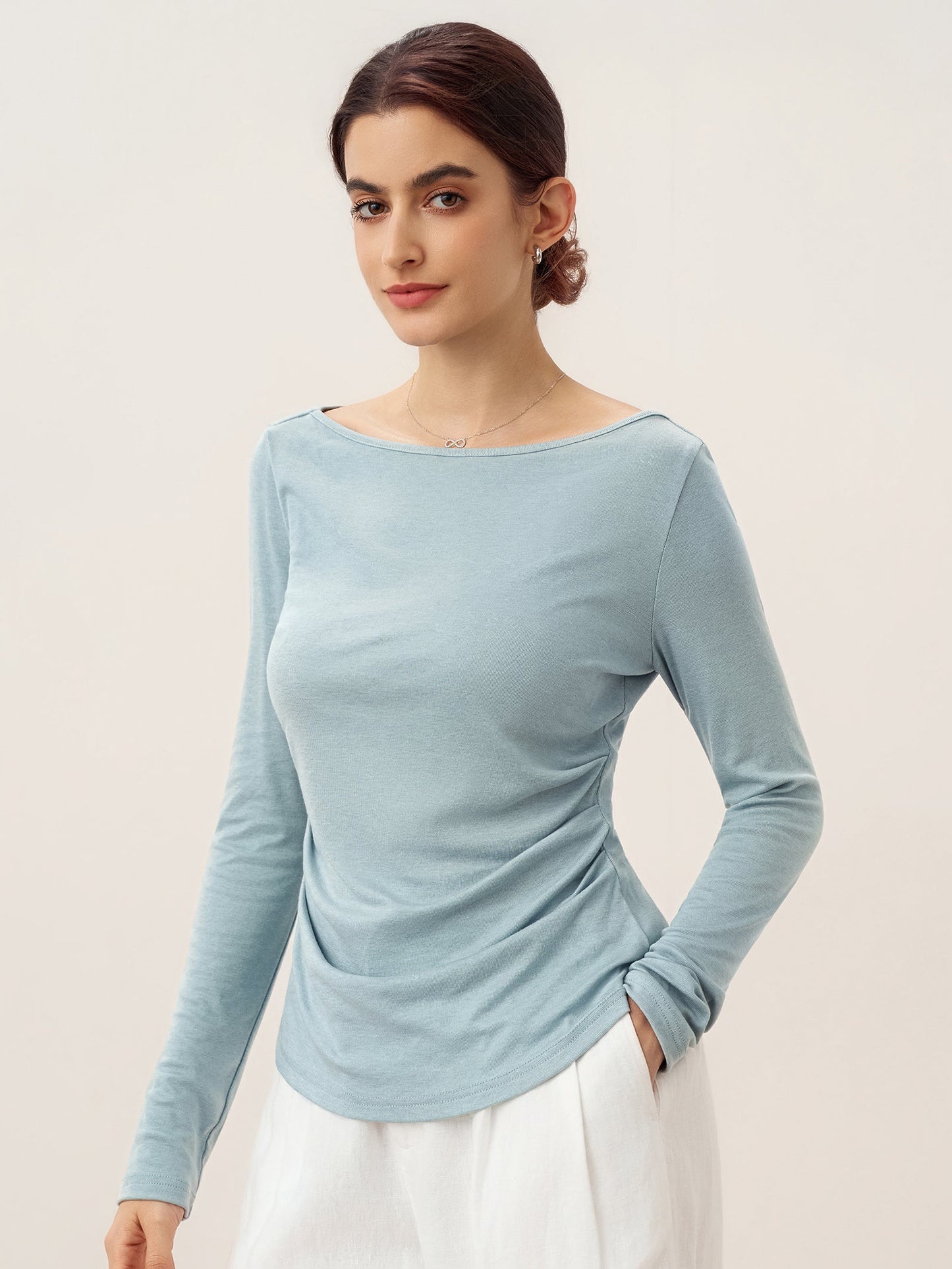 Wool Side Ruched Boat Neck Stretch Top VIVIEN