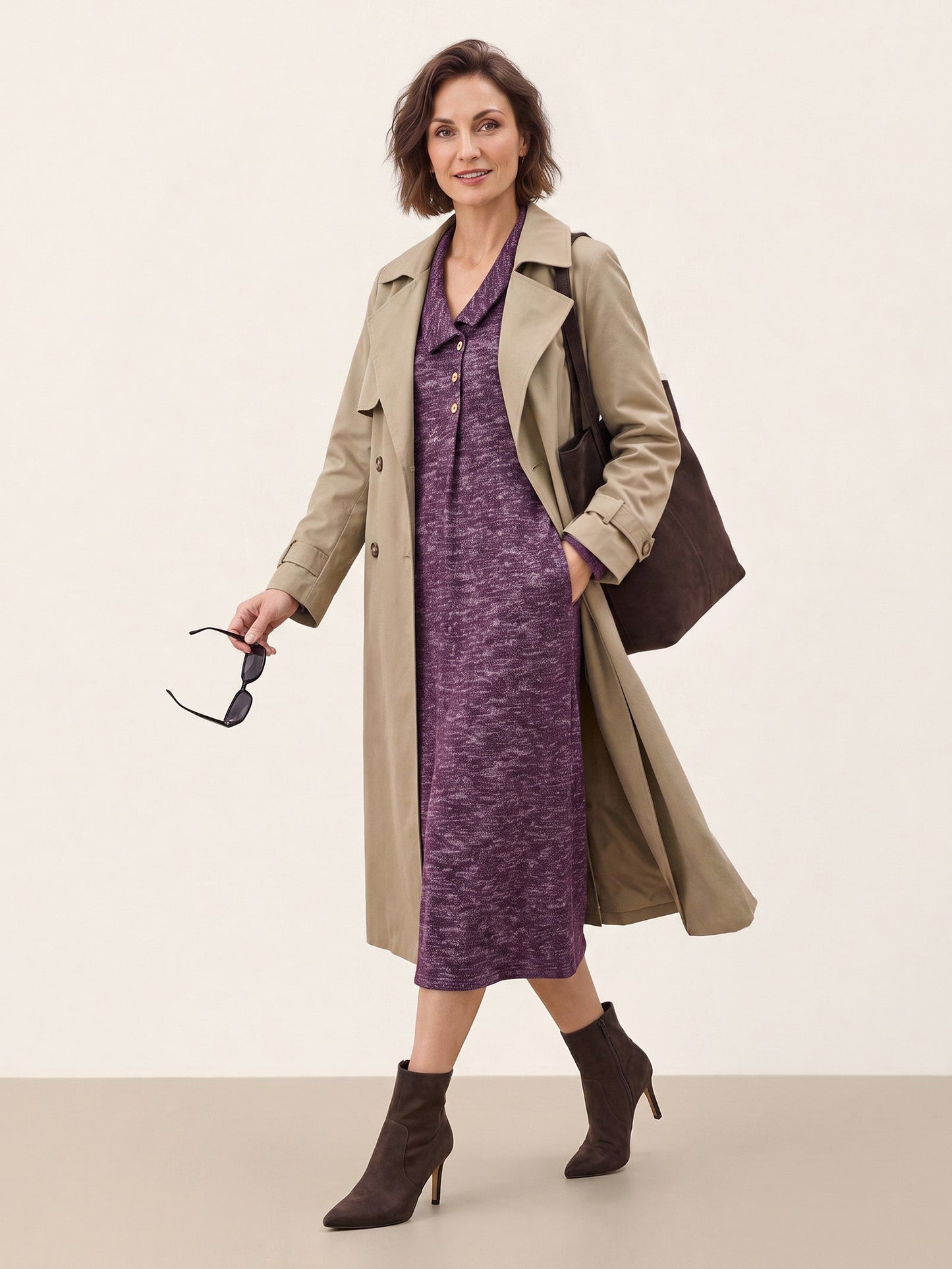 Wool Cotton Melange Collared Knit Midi Dress CORALIE