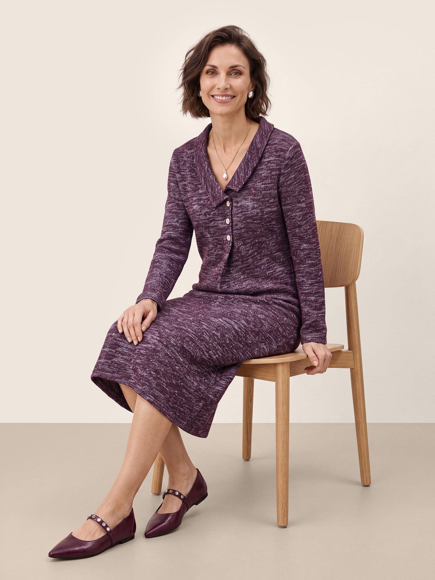 Wool Cotton Melange Collared Knit Midi Dress CORALIE