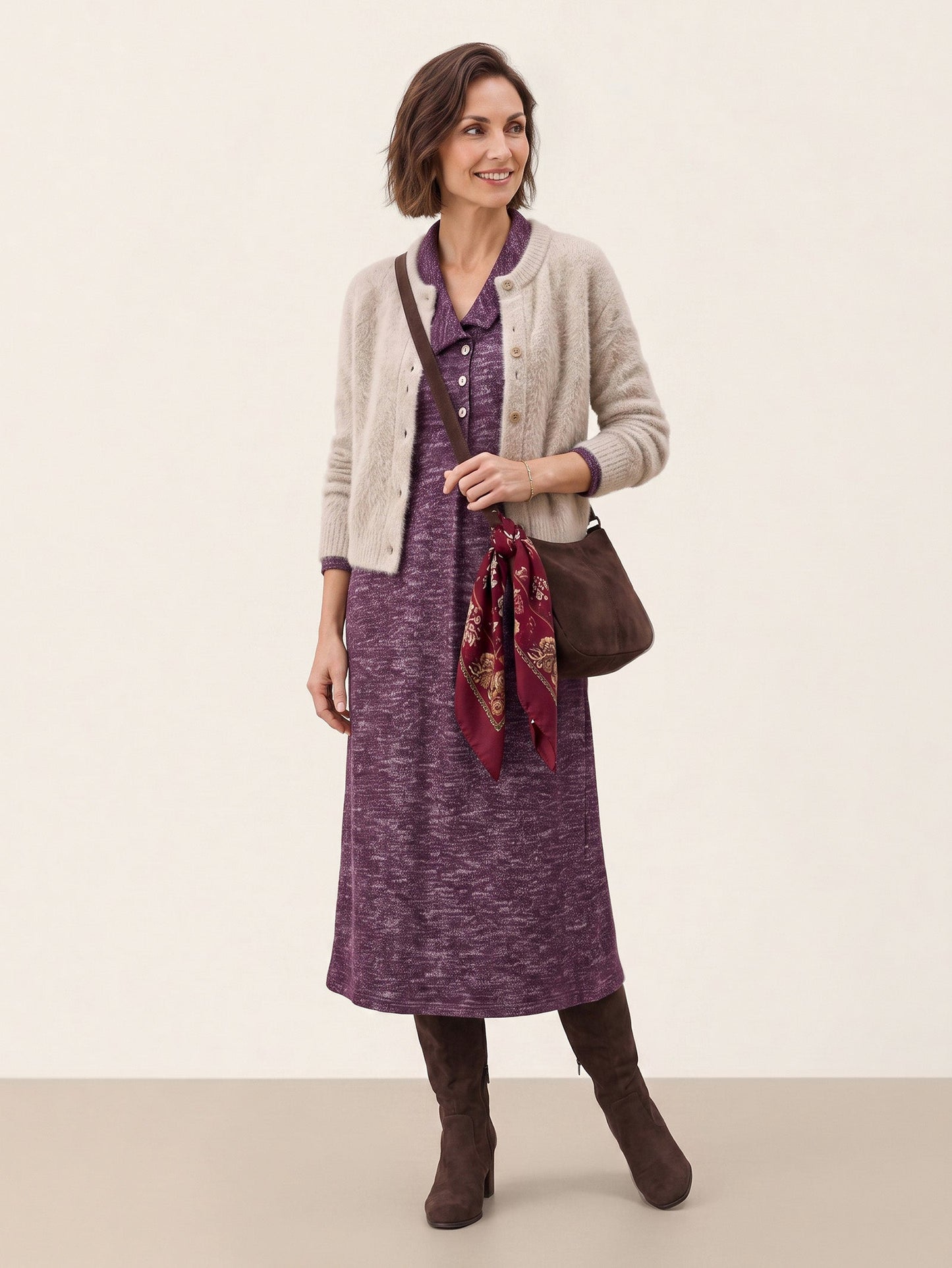 Wool Cotton Melange Collared Knit Midi Dress CORALIE