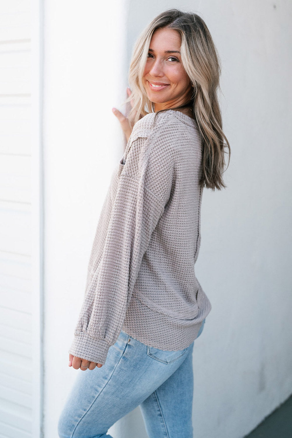 Eden Raw Edge Detail Waffle Knit V Neck Top