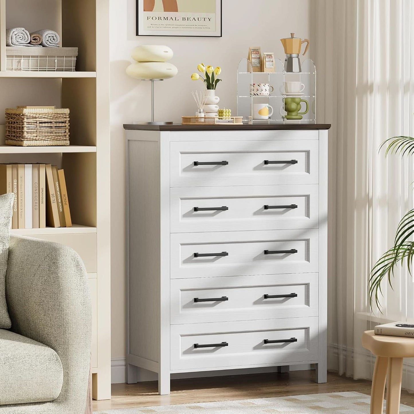 Tall White ChestOfDrawers With Five Drawers WalnutBrown