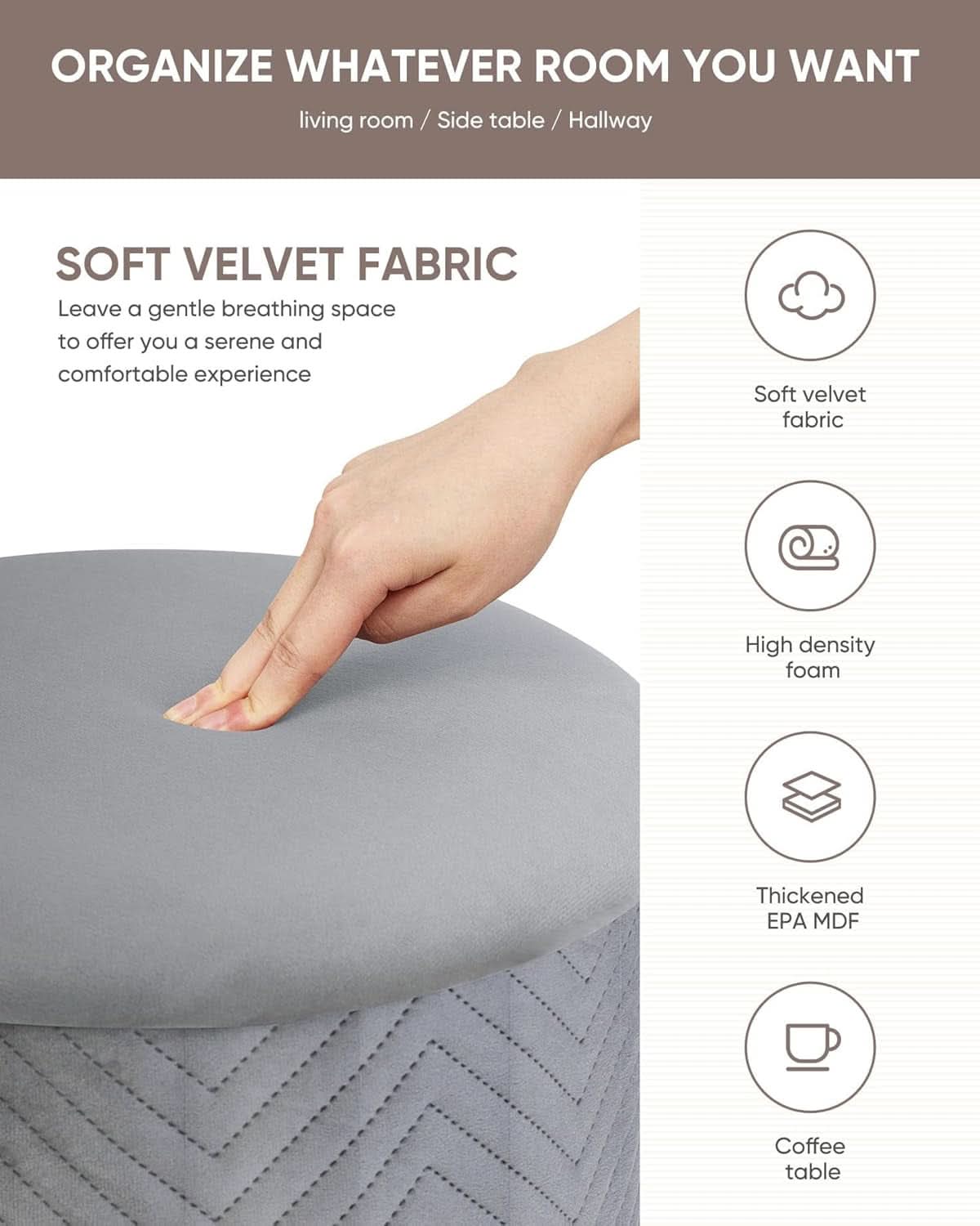 Grey Velvet Circular Storage Ottoman Golden Accents