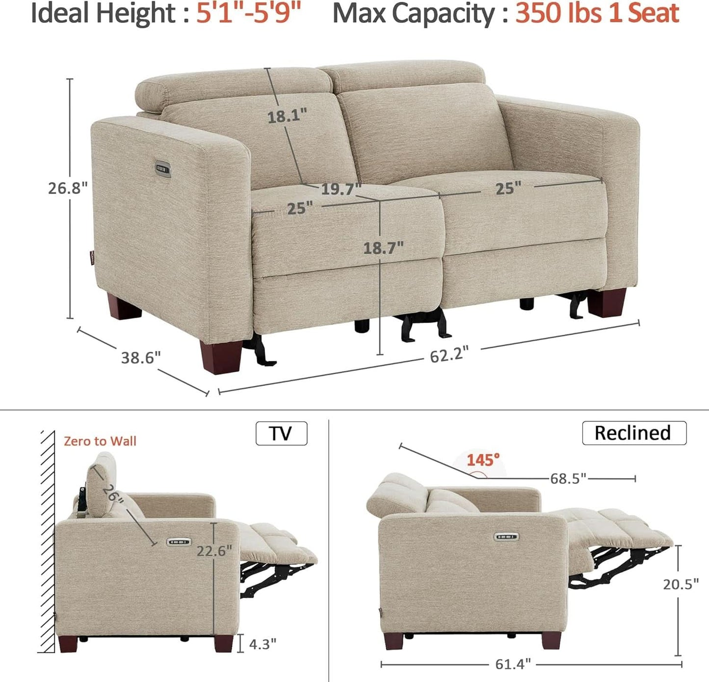 Beige Fabric Wall Hugger Power Loveseat Recliner USB