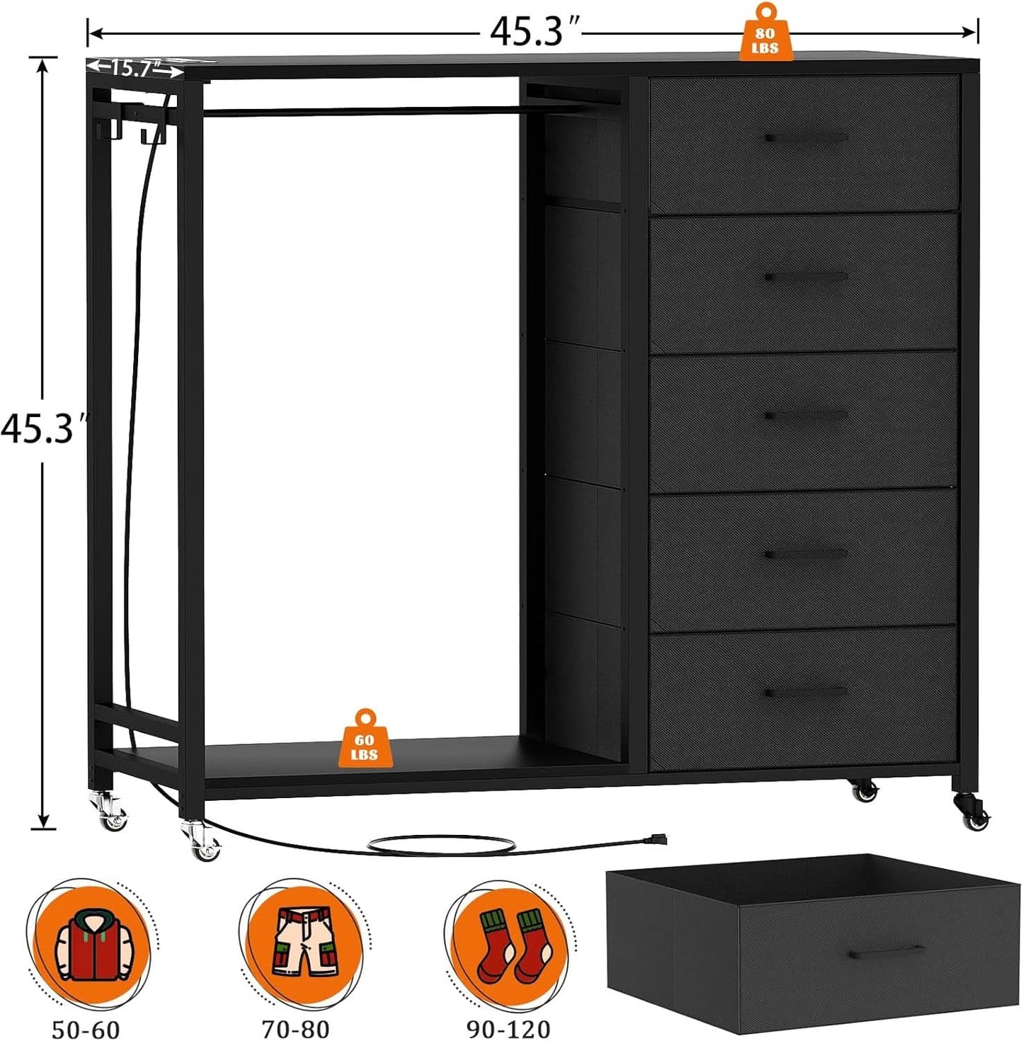 Black Dresser With Clothes Rack And 5 Drawers With Wheels