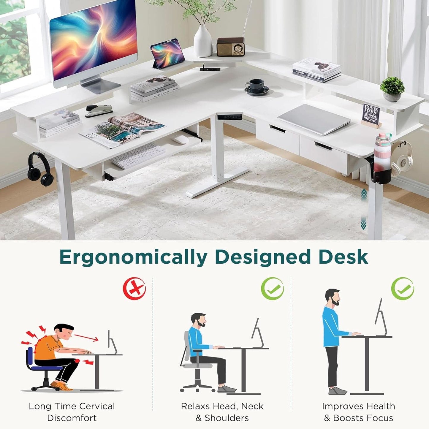 60 Inch L Shaped Electric Standing Desk Antique White