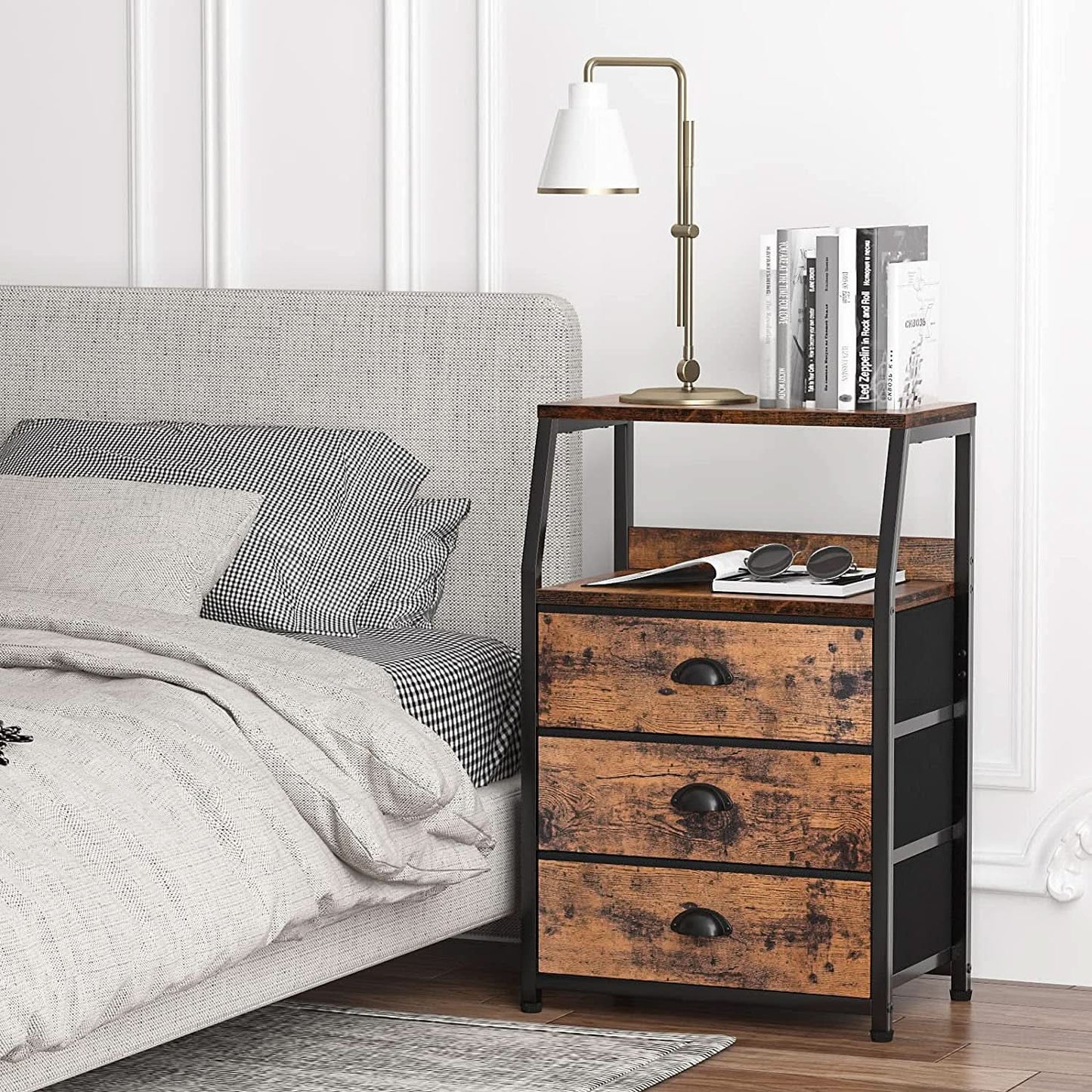 3-Drawer Nightstand With 2-Tier Shelf And Wood Top Bedroom