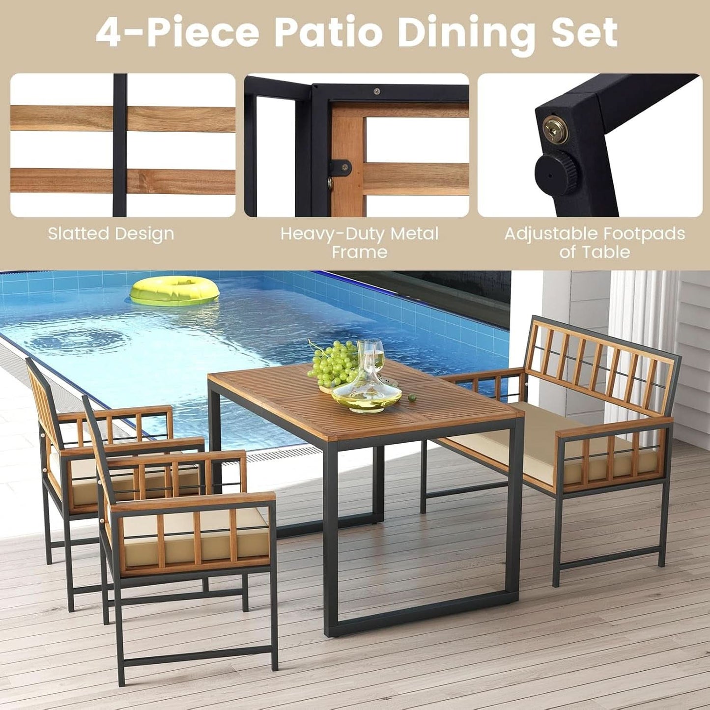 4 Piece Patio Dining Set With 47 Inch Acacia Table