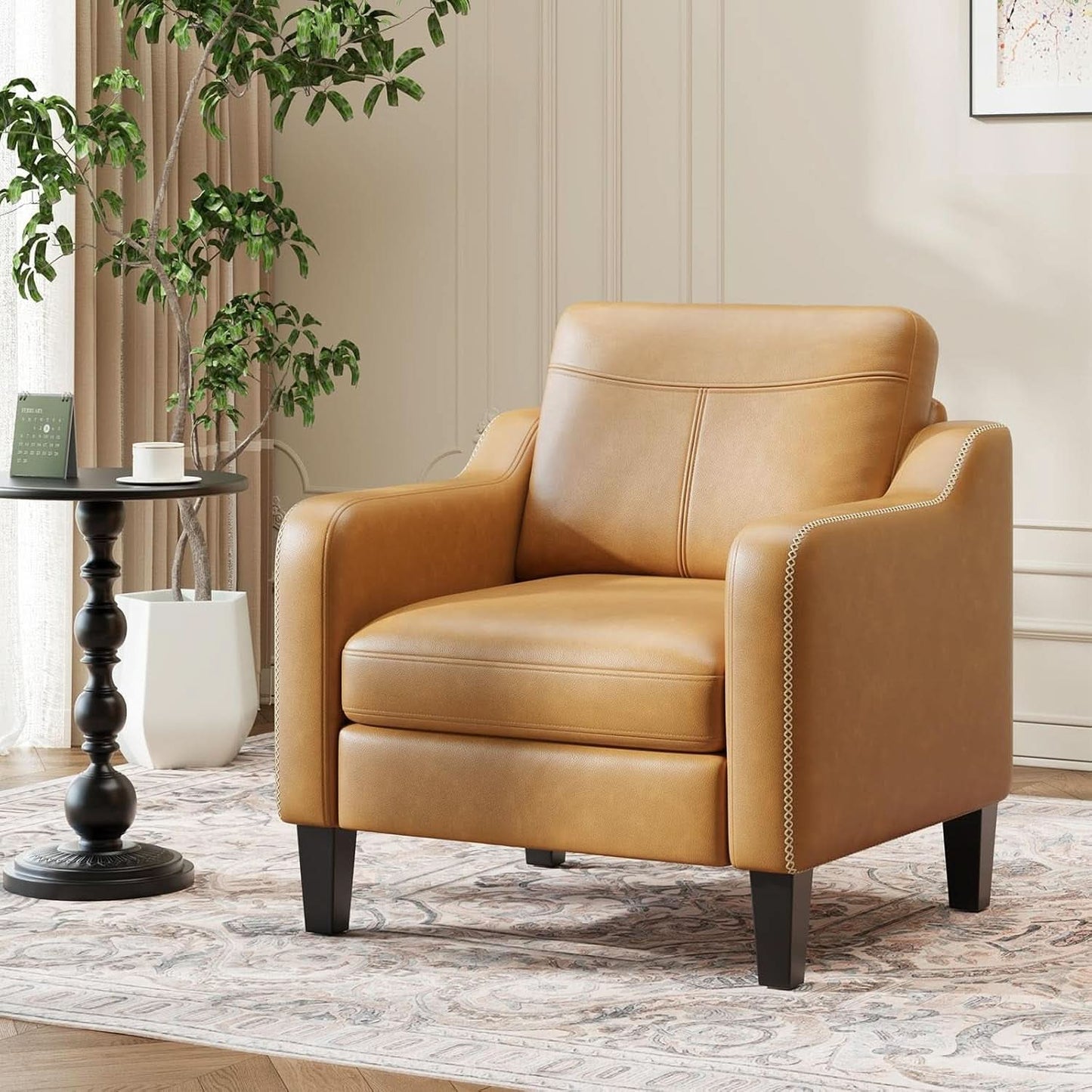 Brown PU Leather Mid Century Upholstered Armchairs