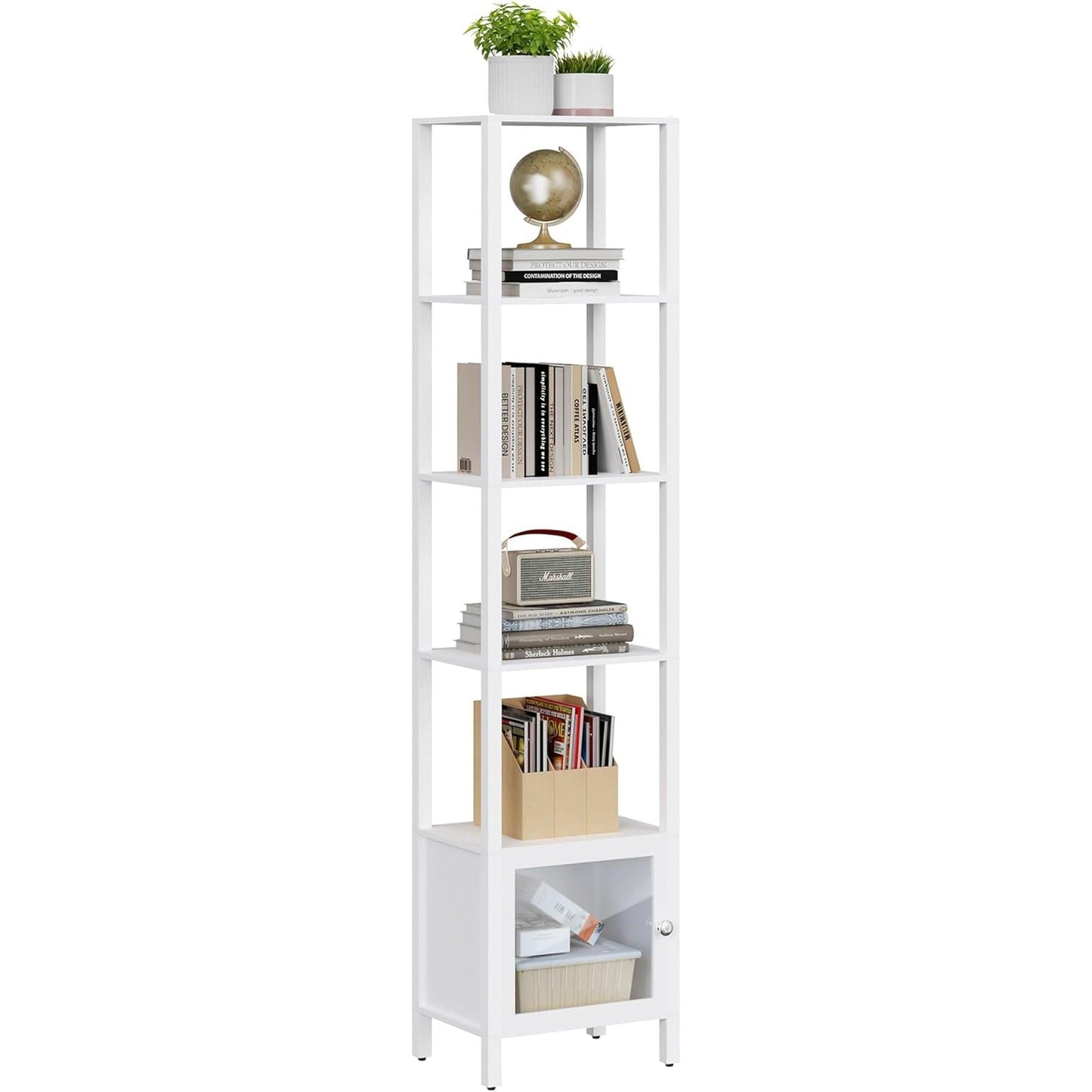 White 6-Tier Narrow Bookshelf With Door For Small Space
