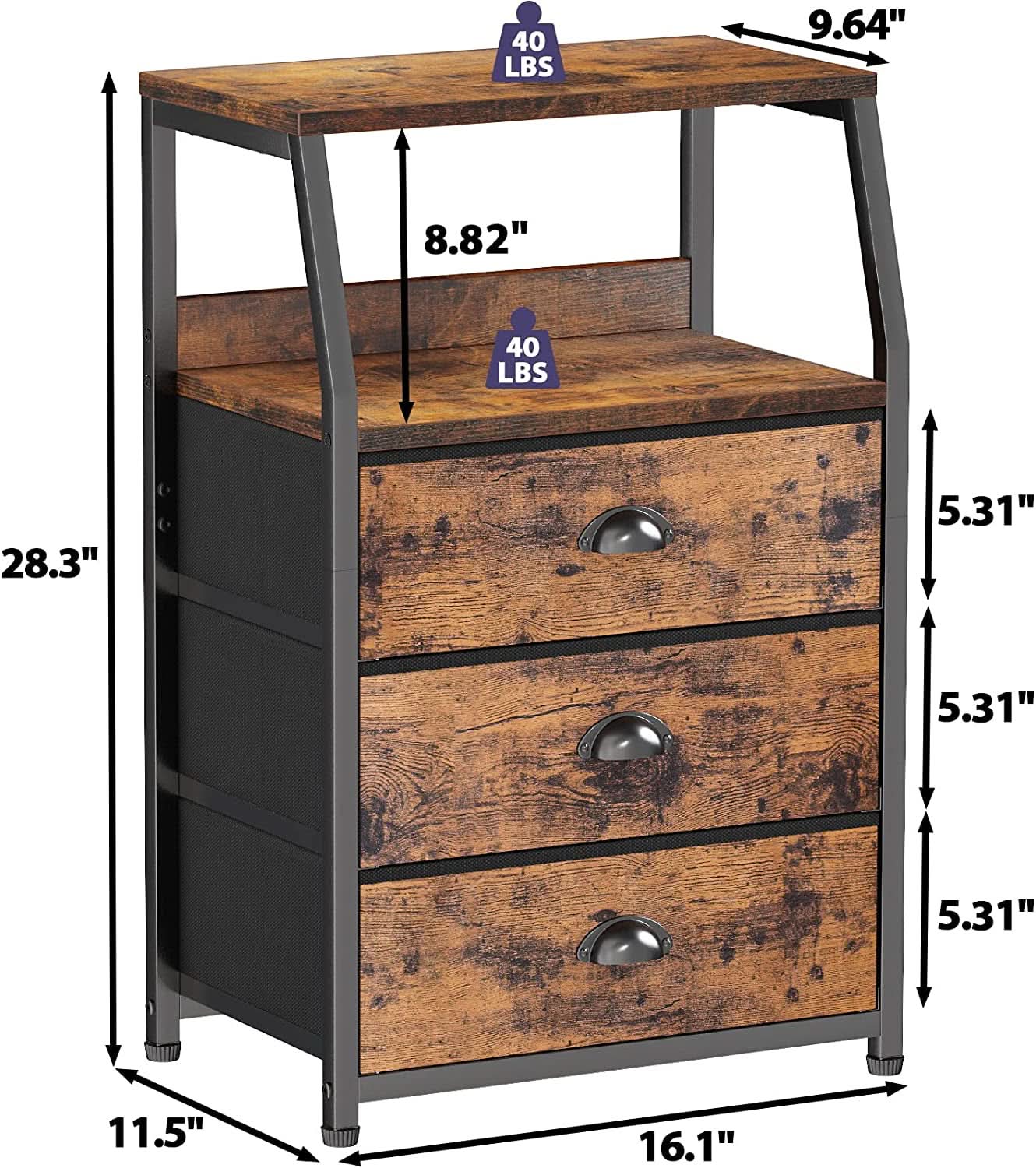 3-Drawer Nightstand With 2-Tier Shelf And Wood Top Bedroom