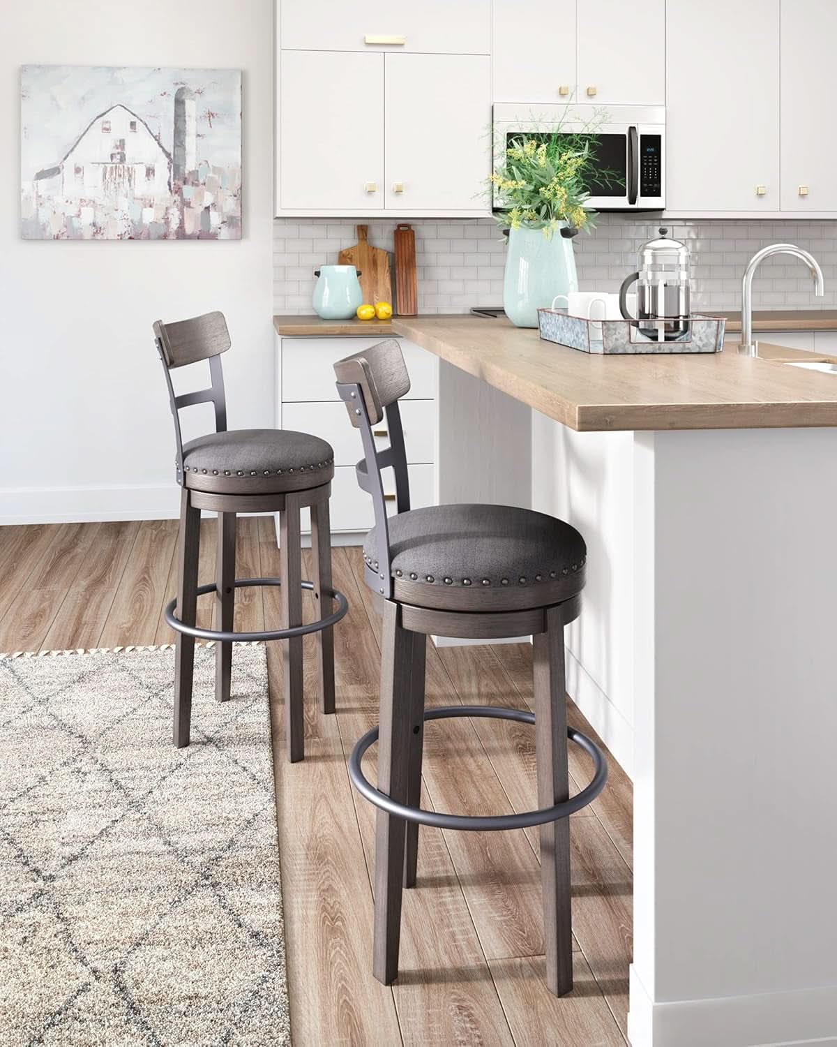 30 Inch Gray Upholstered Swivel Farmhouse Bar Stool