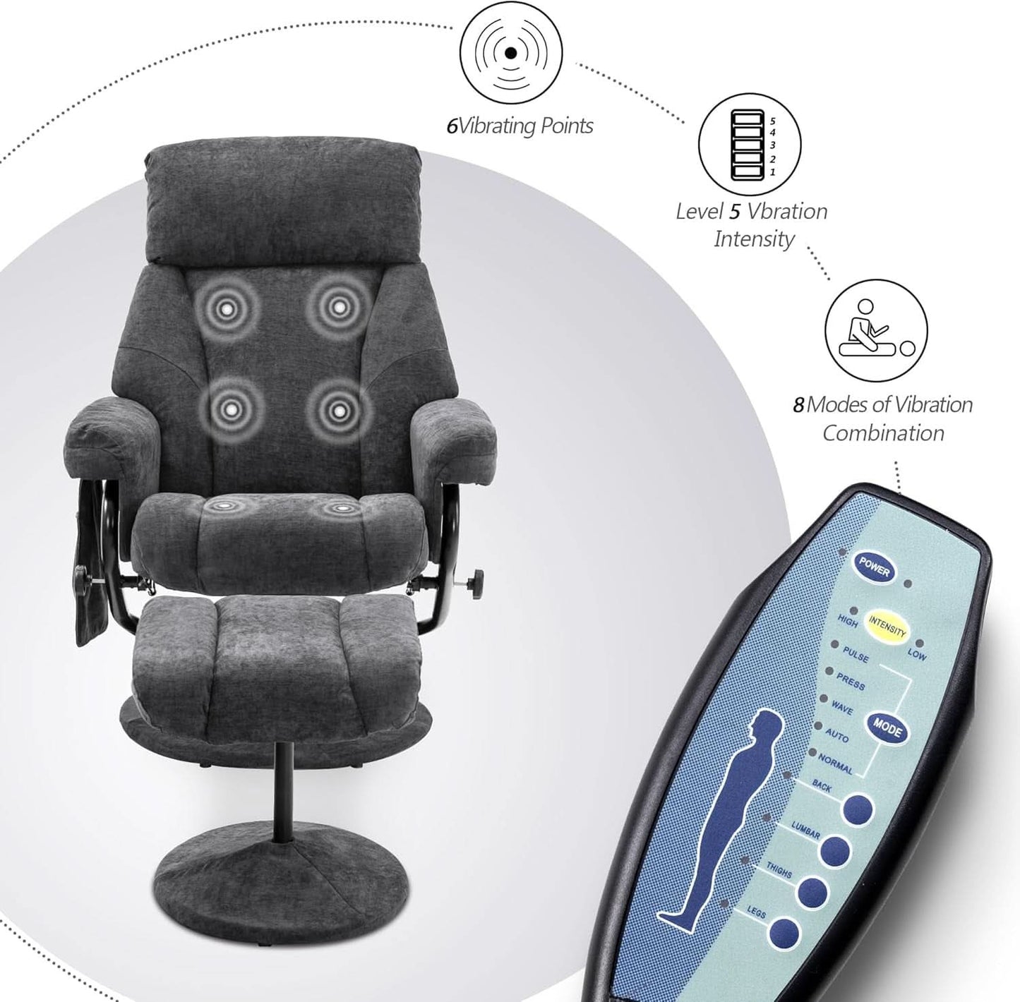 Dark Grey Swivel Recliner With Ottoman Vibration Massage