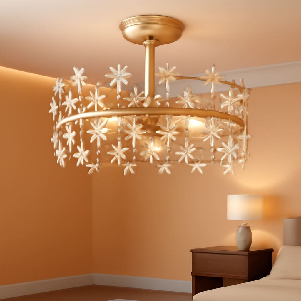 20 Inch Gold Caged Ceiling Fan With Light Remote Control 6 Speed Flower Chandelier Fandelier For Girls Bedroom
