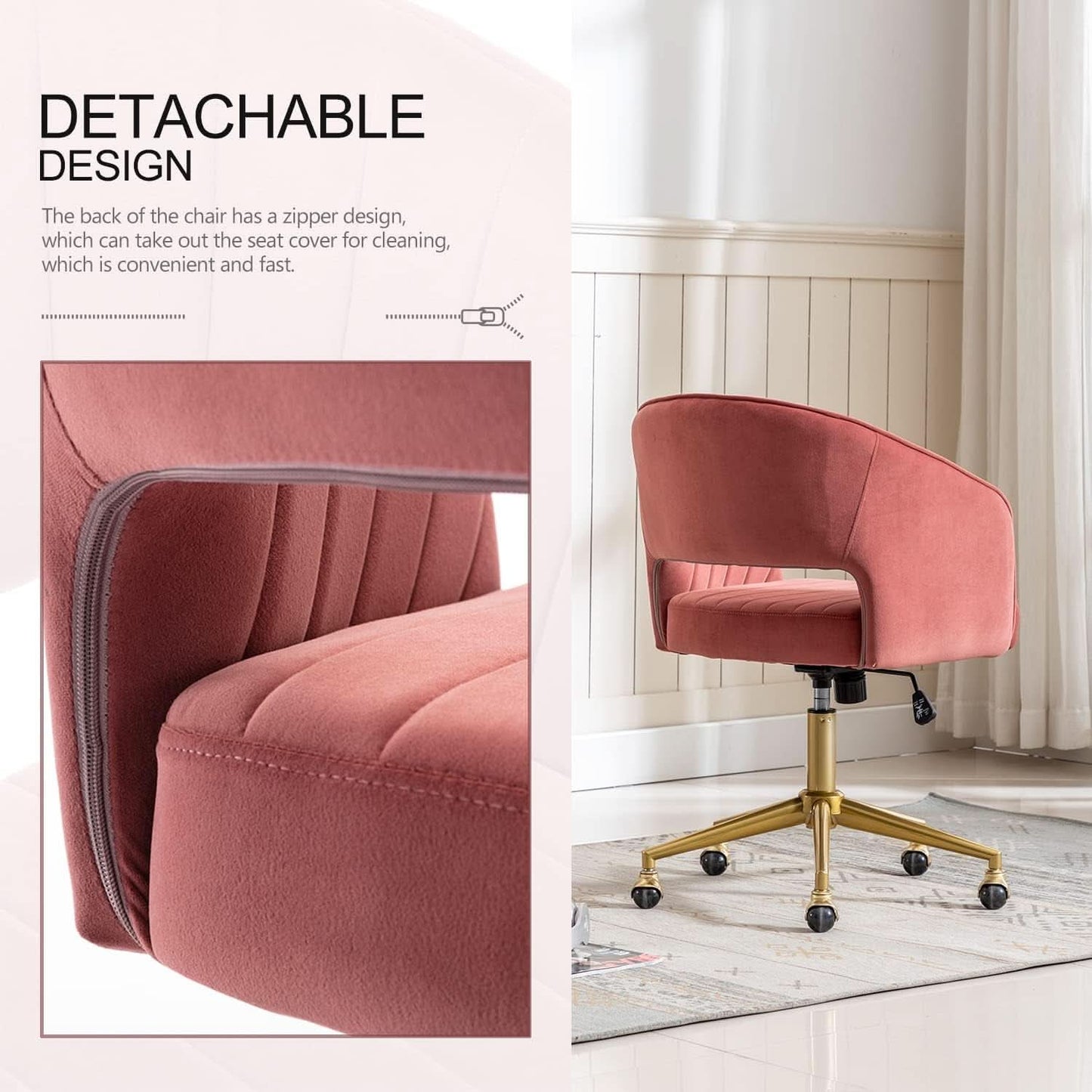 Rose Velvet Office Desk Chair With Ergonomic Design And Swivel Wheels