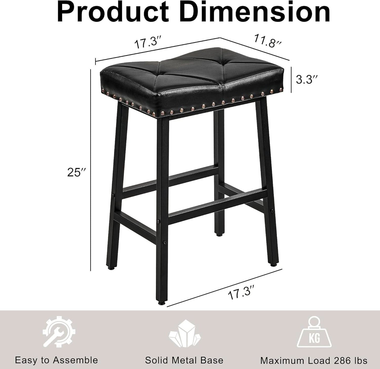 25 Inch Counter Height Bar Stools Set Of 2 In Black With PU Upholstered Saddle Seats For Comfort