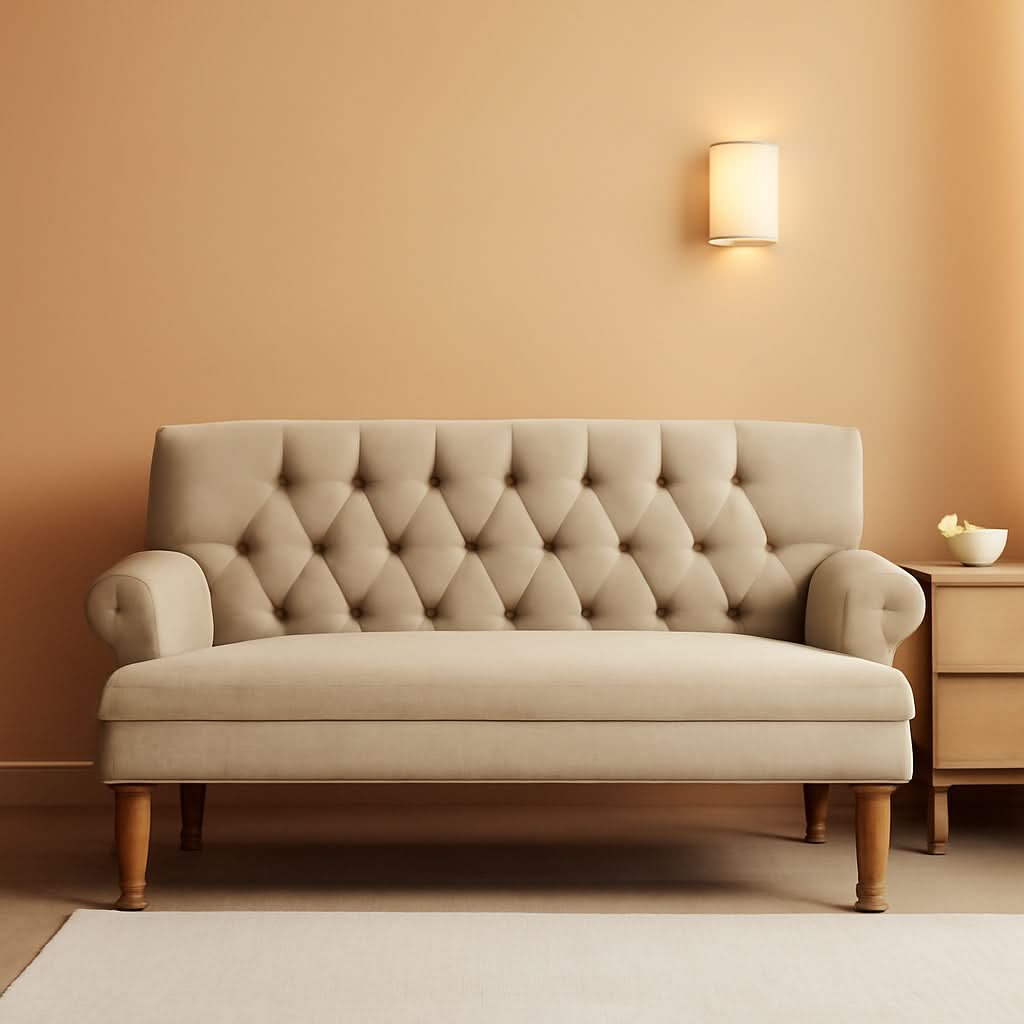 Warm Beige Tufted Linen Love Seat For Small Spaces