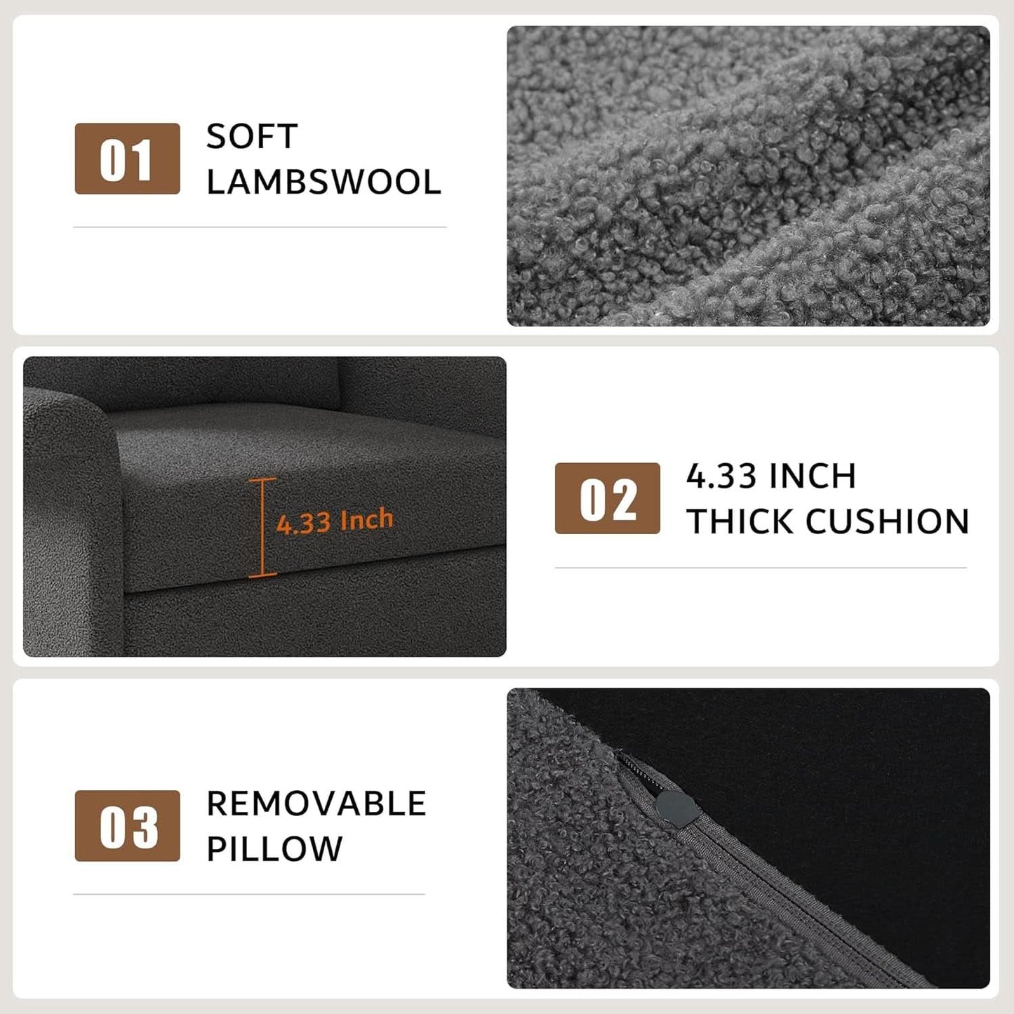 Dark Gray Lambswool Fabric Textured Sofa Bed Chair Storage