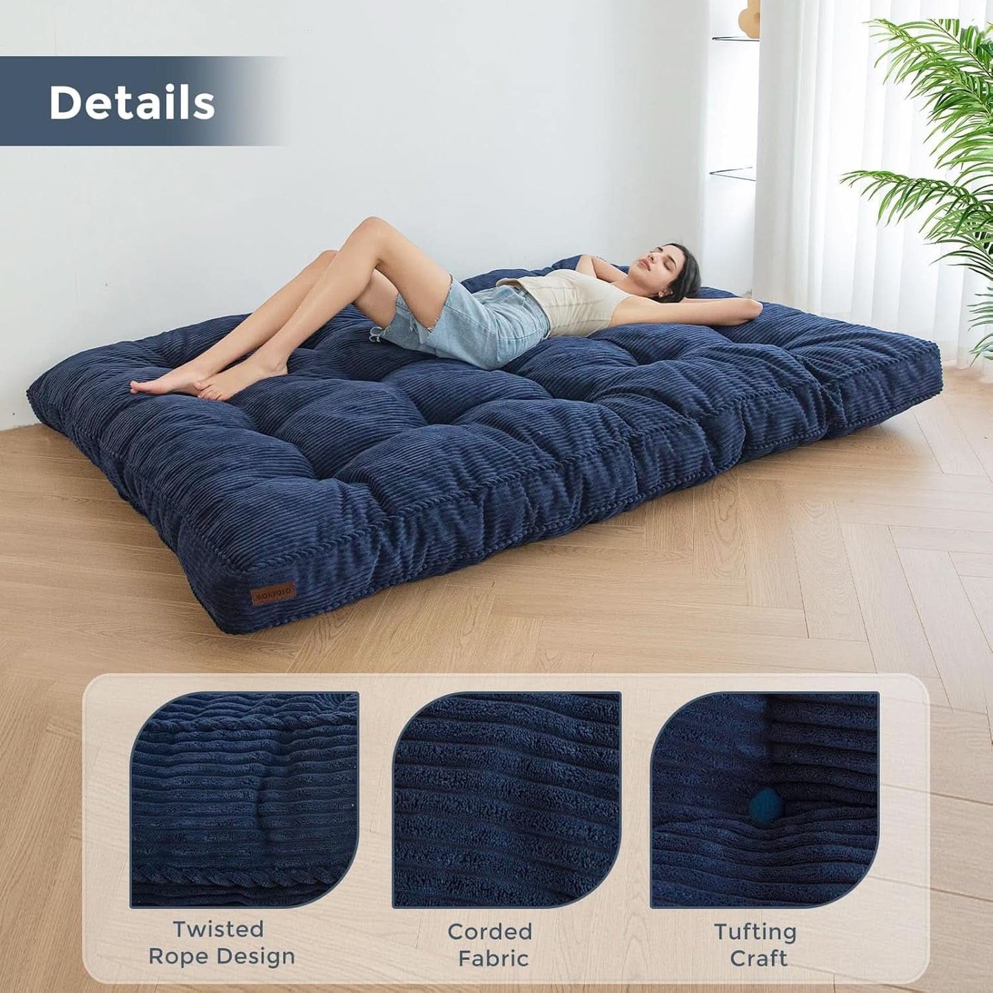 6-Inch Full-Size Futon Mattress Navy Tufted Shredded Foam