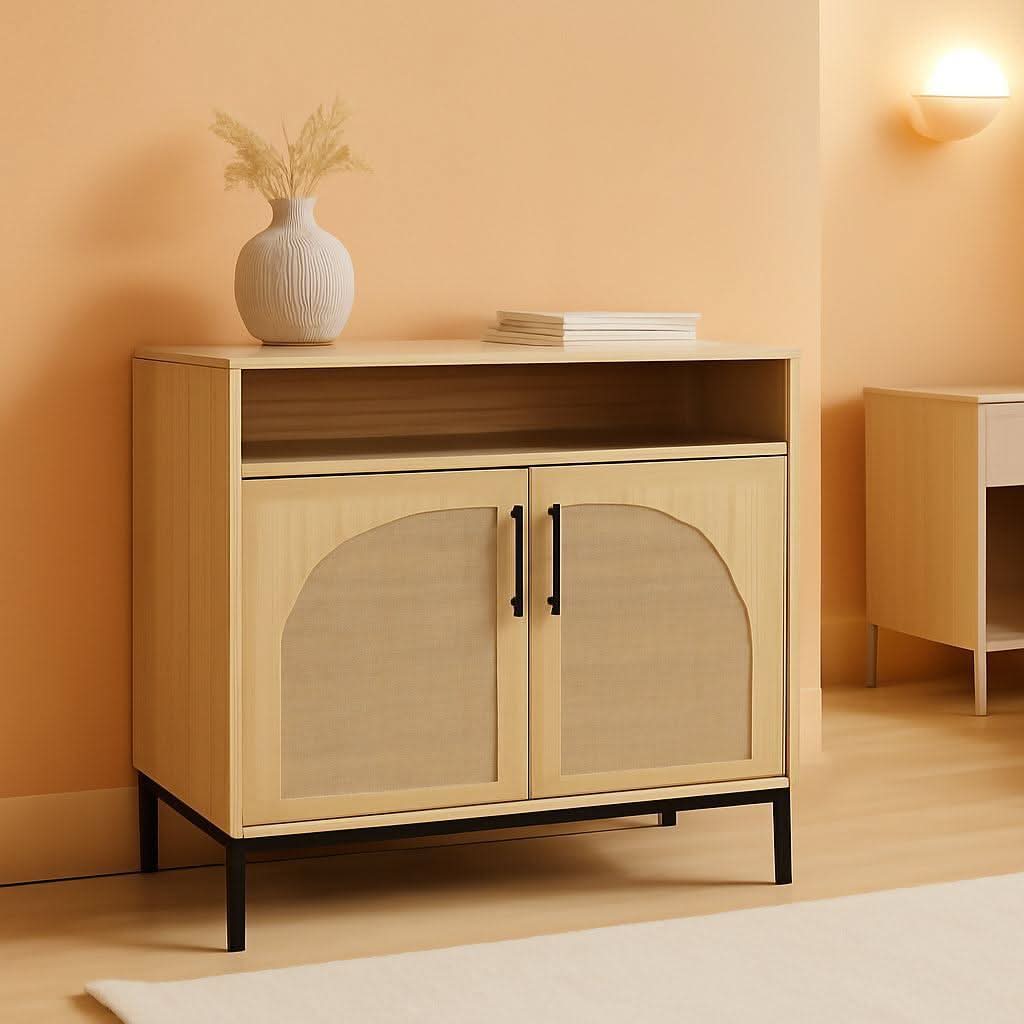 Rattan Sideboard Buffet Cabinet Natural Color Cord Cutout