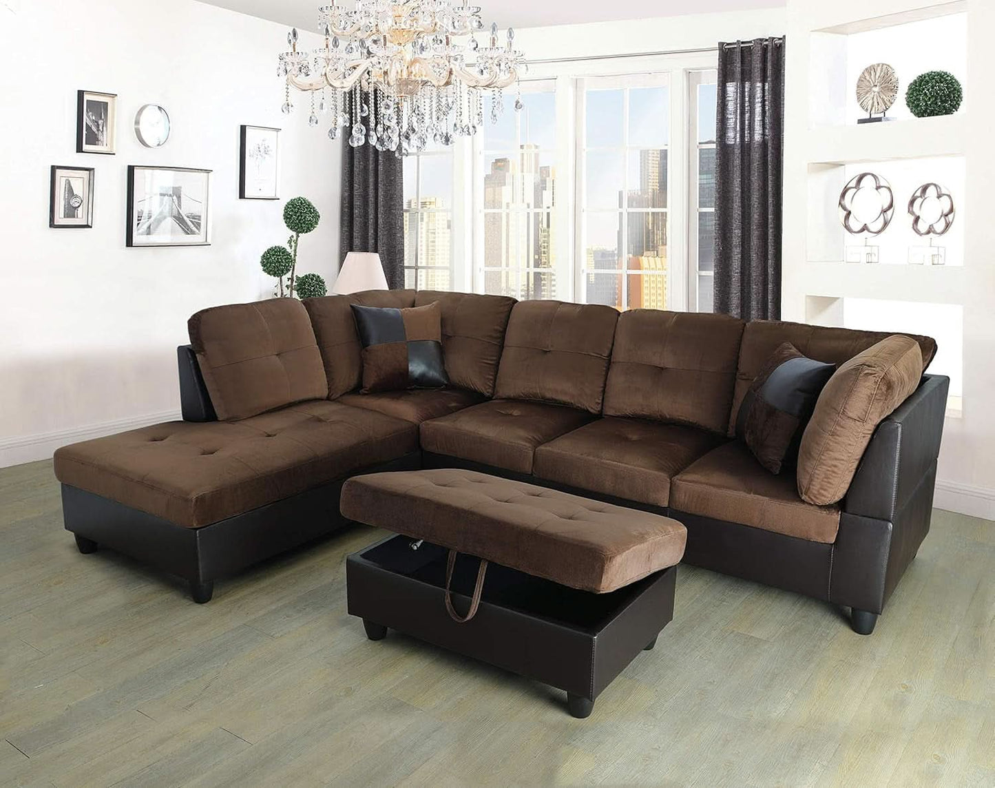 3-Piece Contemporary Sectional Sofa With Chaise And Storage Ottoman Chocolate