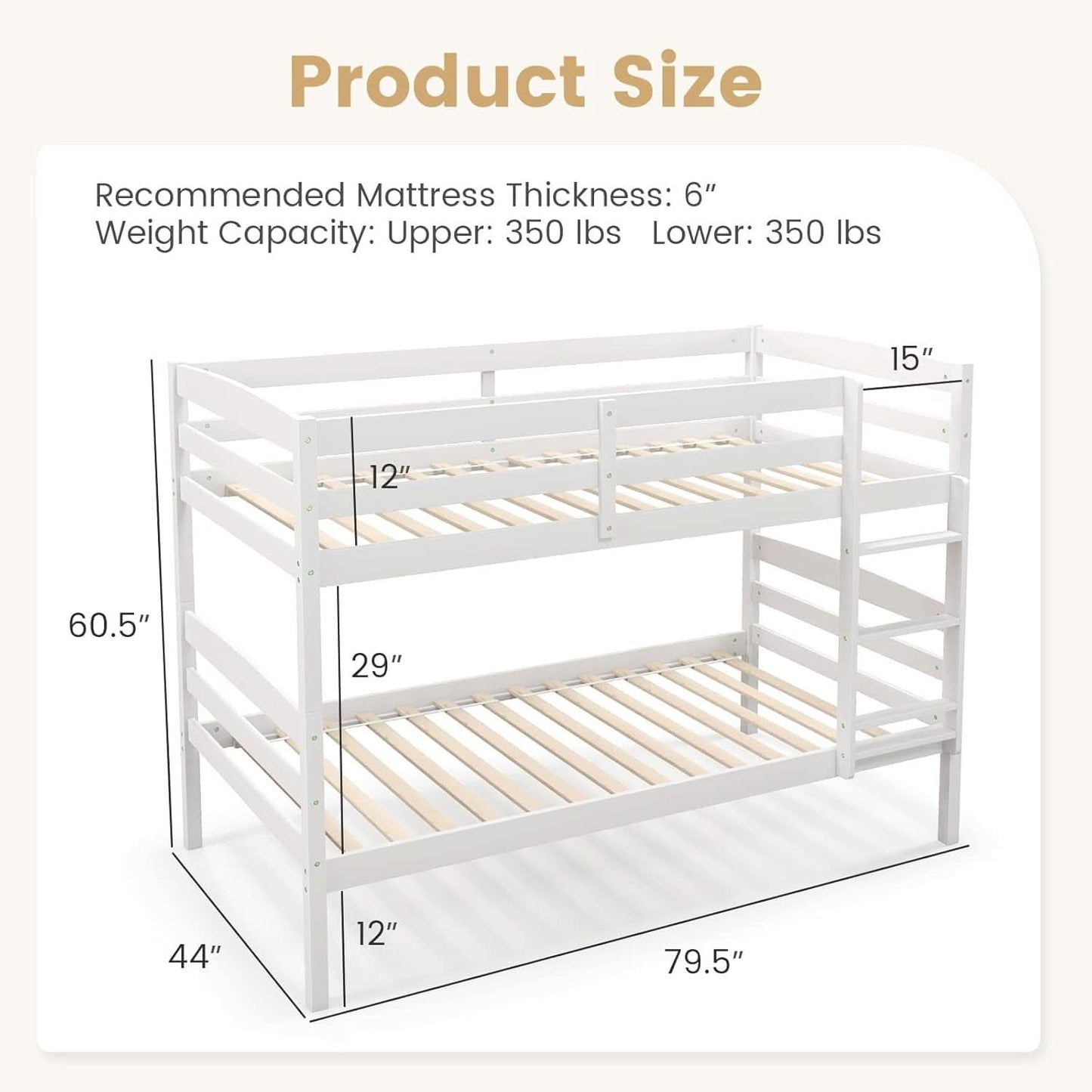 White Twin Over Twin Bunk Bed With Integrated Ladder