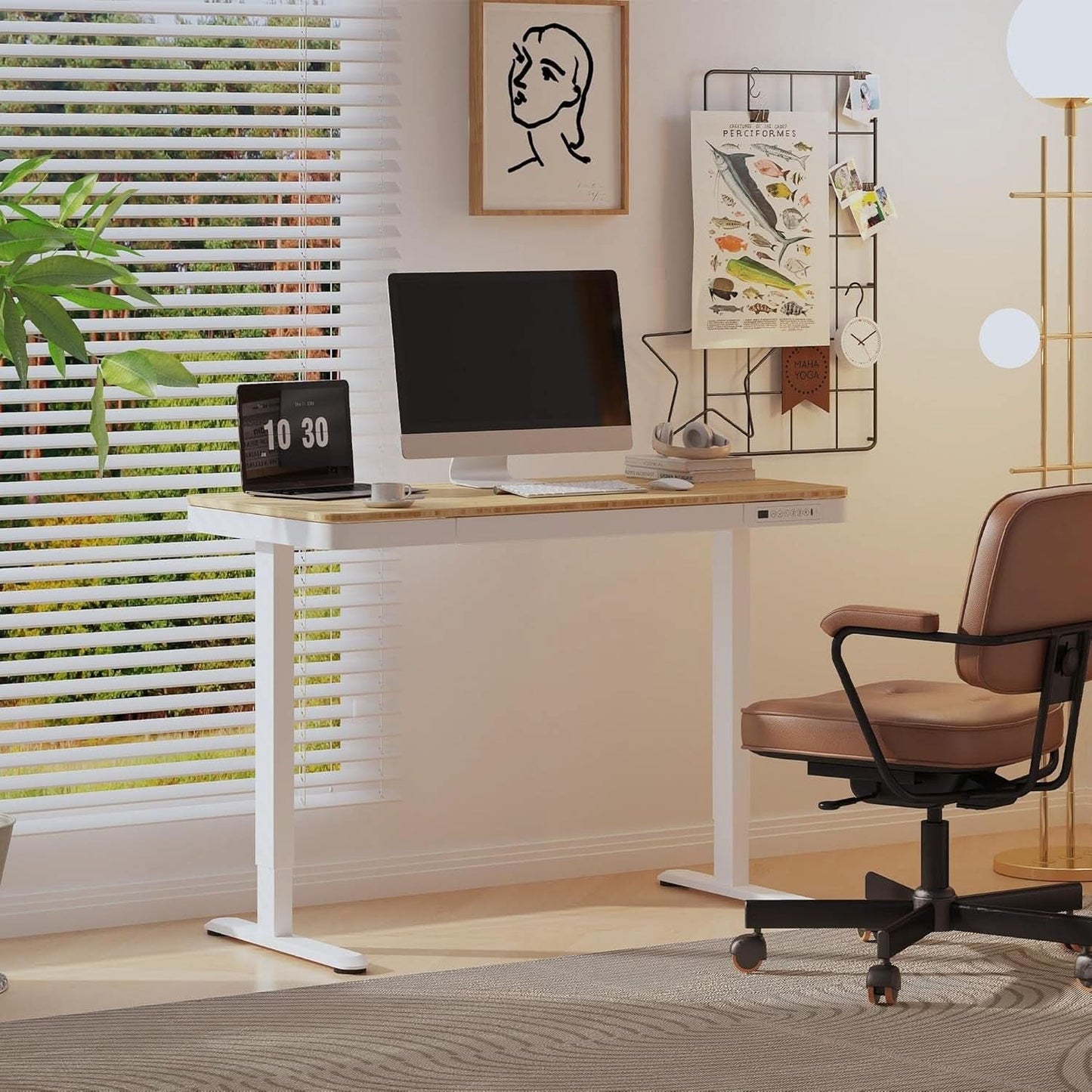 Electric Standing Desk USB Ports And Drawer Bamboo White