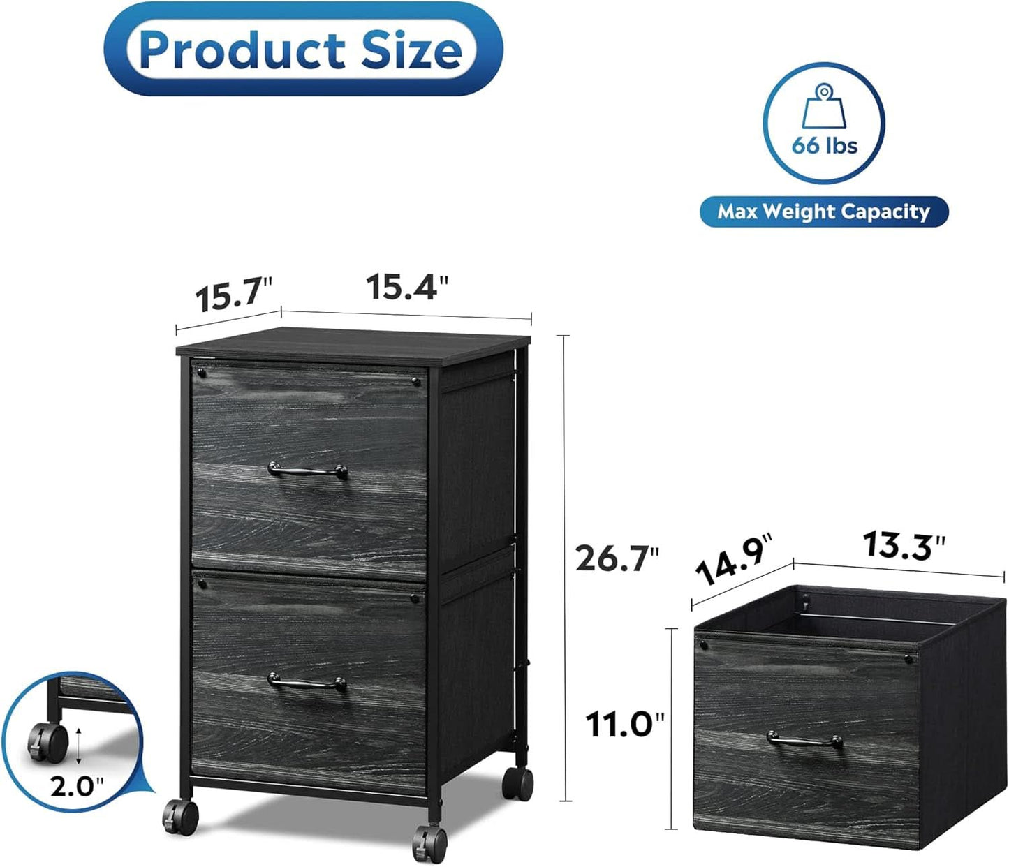 2 Drawer Mobile File Cabinet Rolling Printer Stand Charcoal Black Wood Grain Finish For Home Office