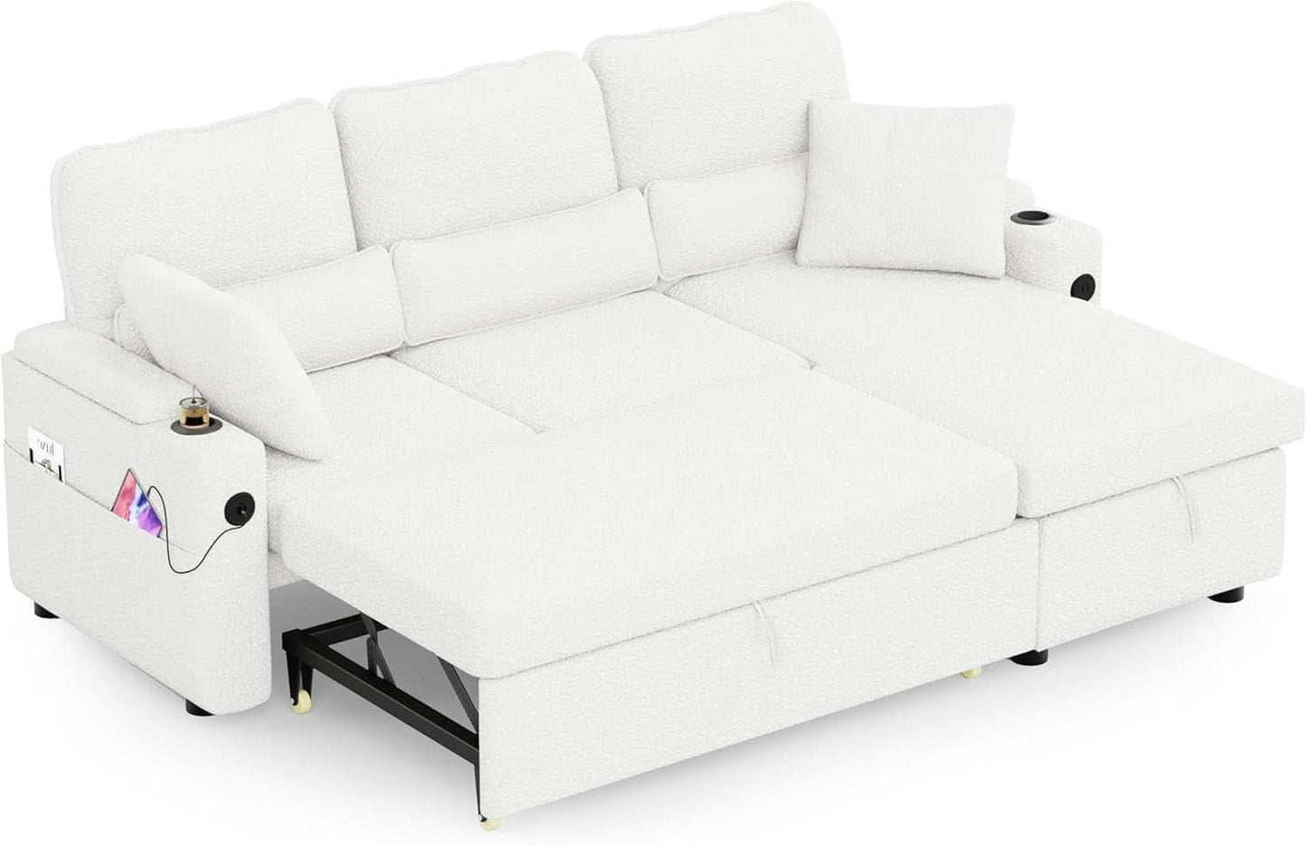 Pull Out Convertible Sofa Bed With Hidden Storage Teddy White