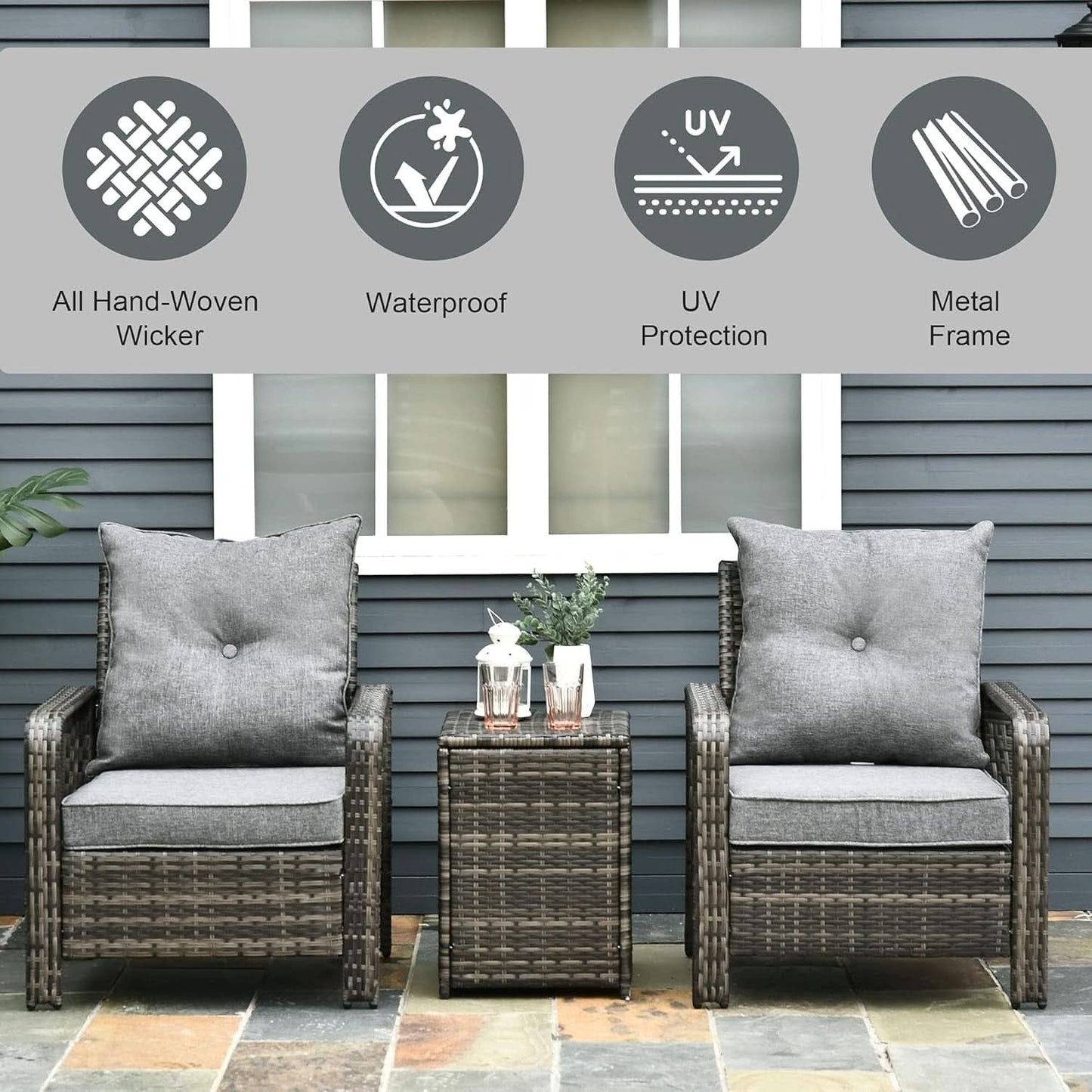 Three Piece Patio Furniture Set with Cushions and Table