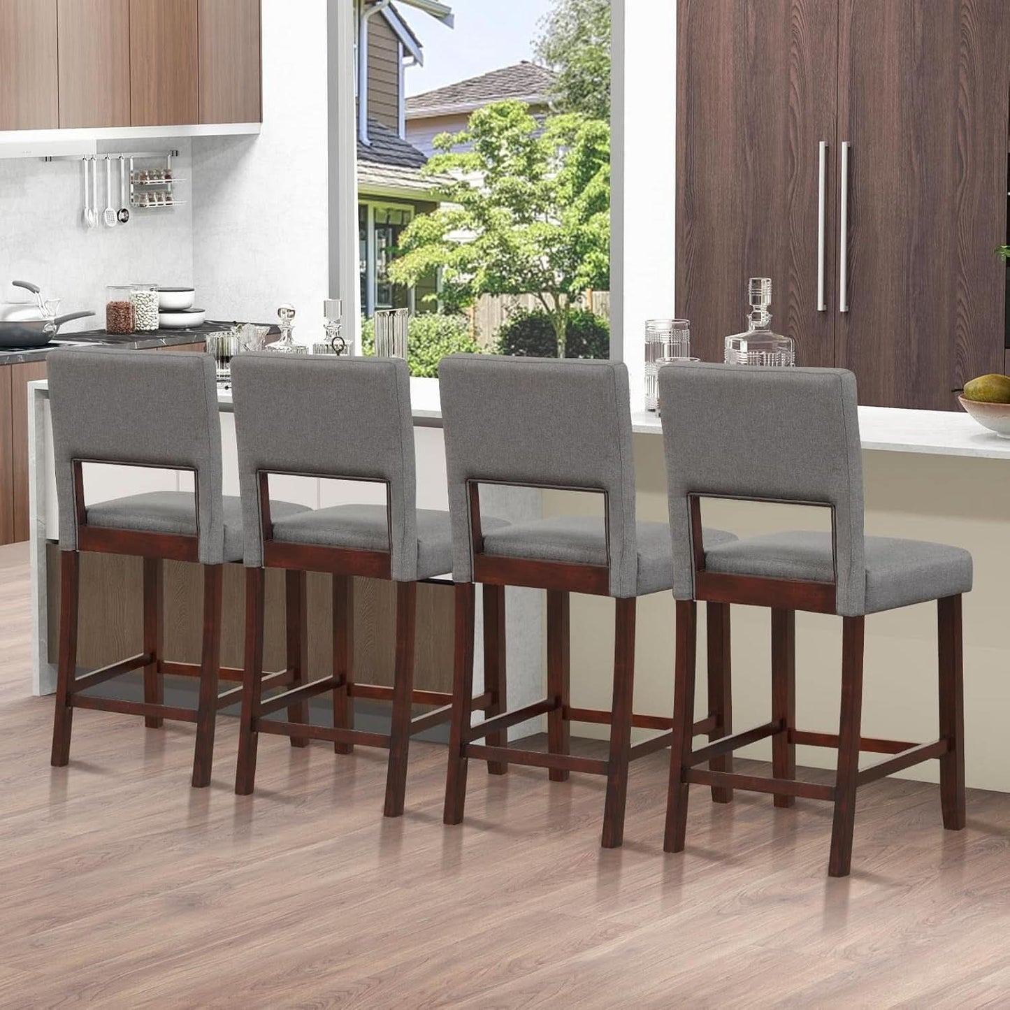24.5 Inch Counter Height Bar Stools Set Of 2 Grey Upholstered Backrest With Rubber Wood Legs