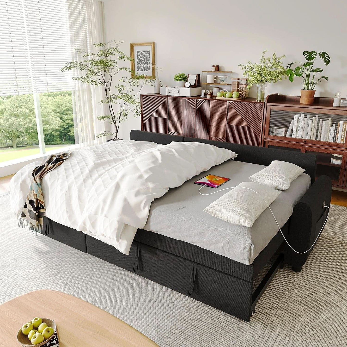 86Inch Convertible Sleeper Sectional With USB Ports