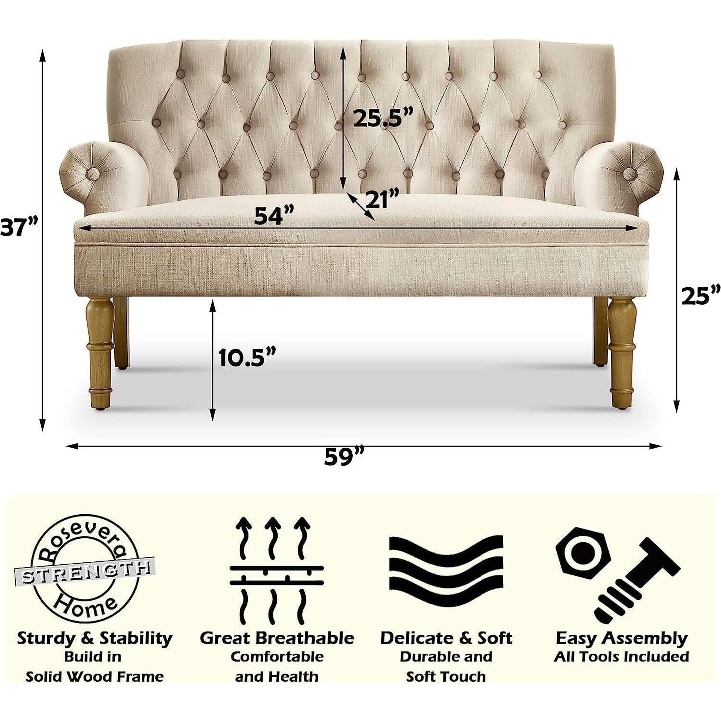 Warm Beige Tufted Linen Love Seat For Small Spaces
