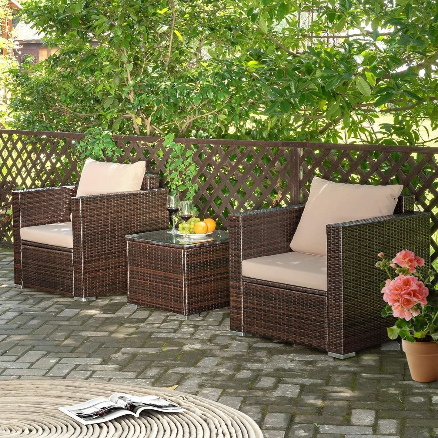 3 Piece Outdoor Patio Furniture Set Rattan Wicker With Washable Cushions And Tempered Glass Tabletop