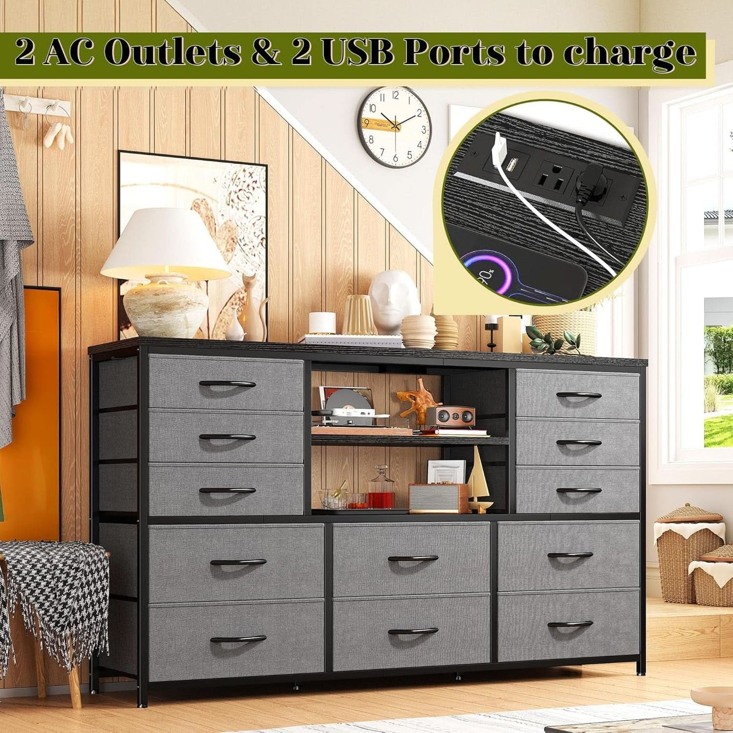 12 Drawer Long Dresser With LED Lights And Built In Power Outlet For Bedroom Storage