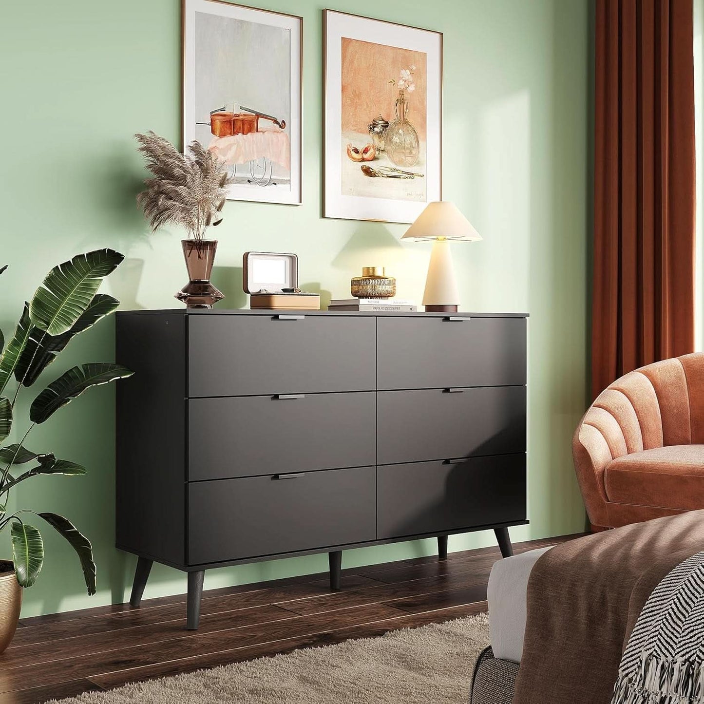 Black 47 Inch Dresser With Six Drawers Storage Options