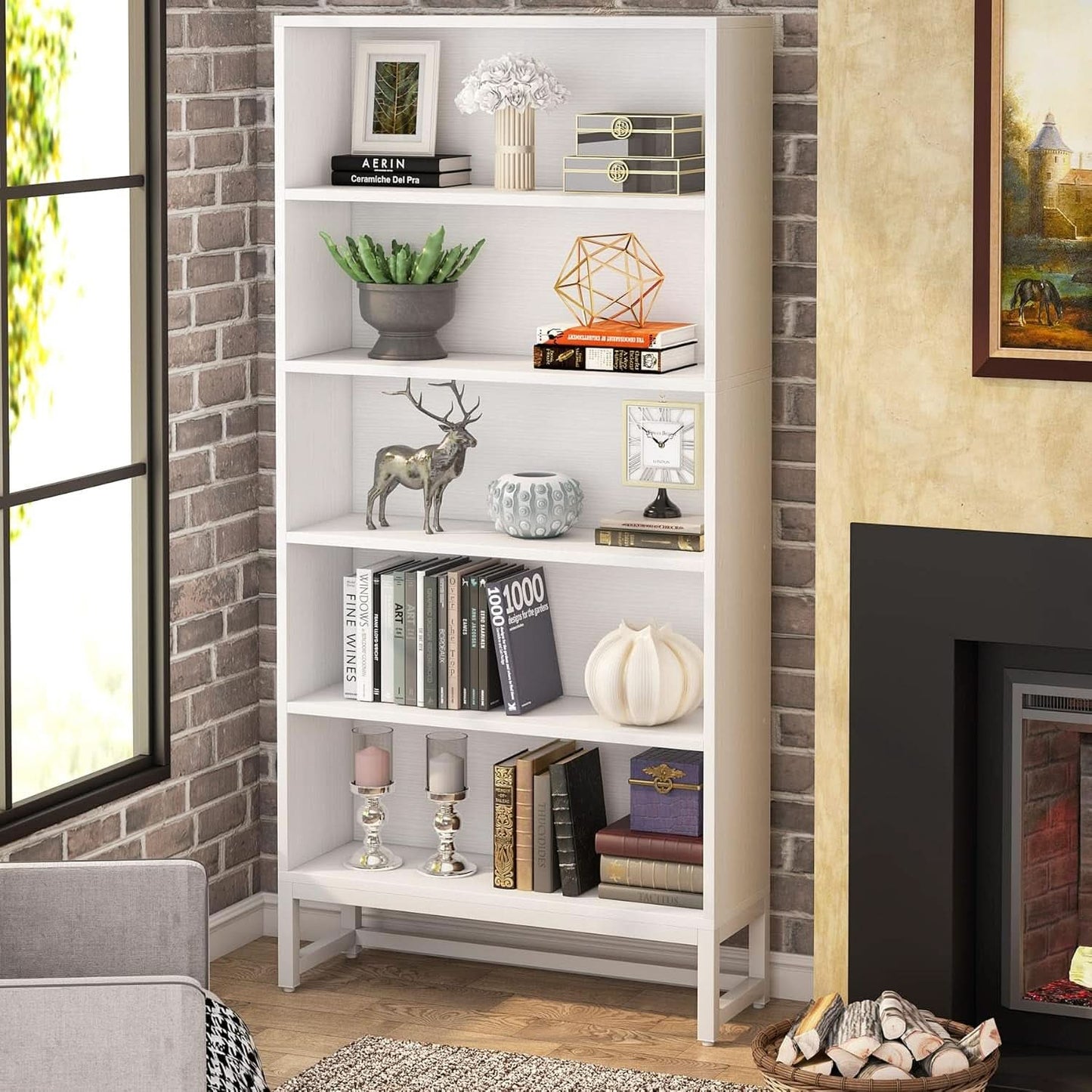 Tall 70.8 Inch Bookcase 5 Tier Heavy Freestanding White