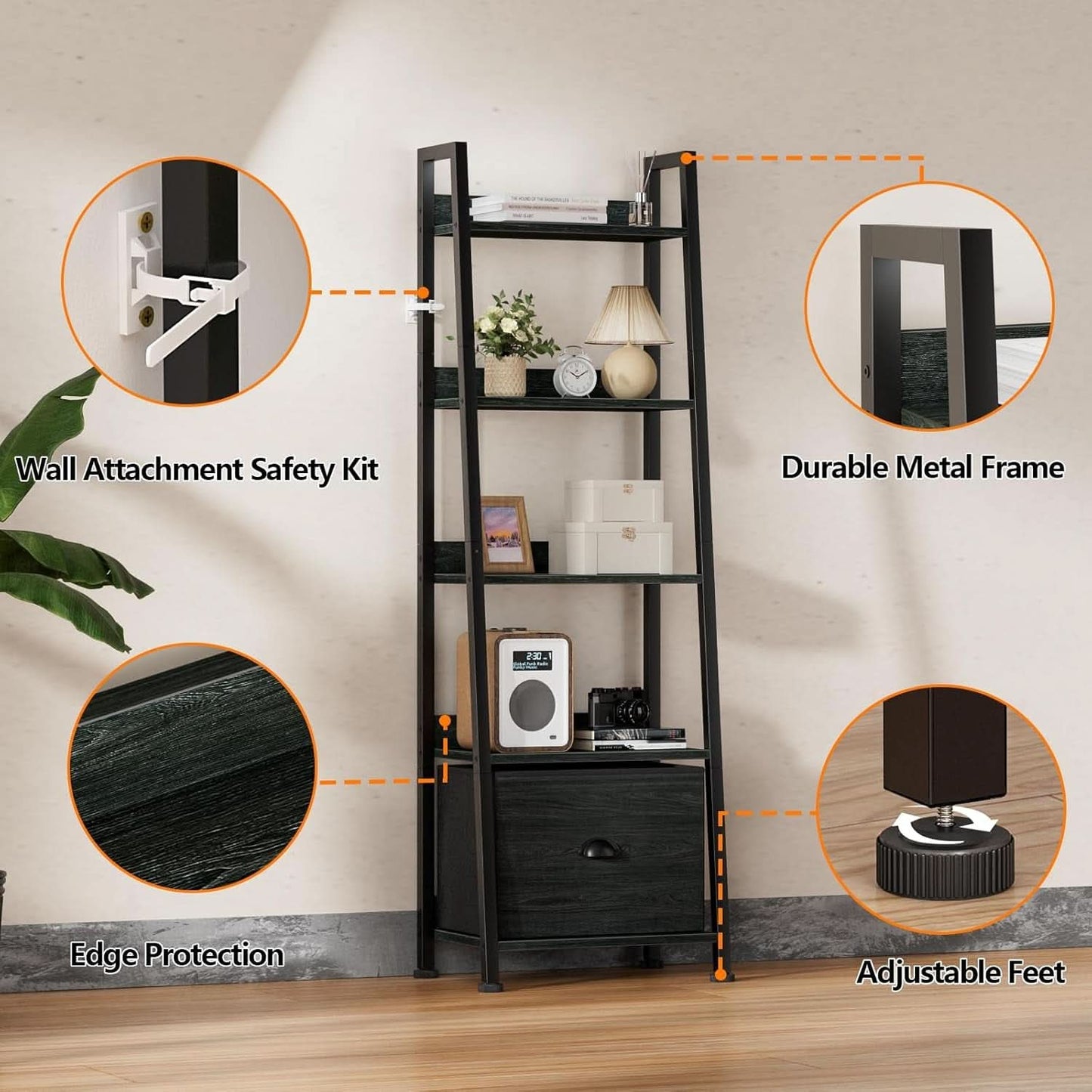 5 Tier Ladder Shelf With Drawer Narrow Black Oak Finish