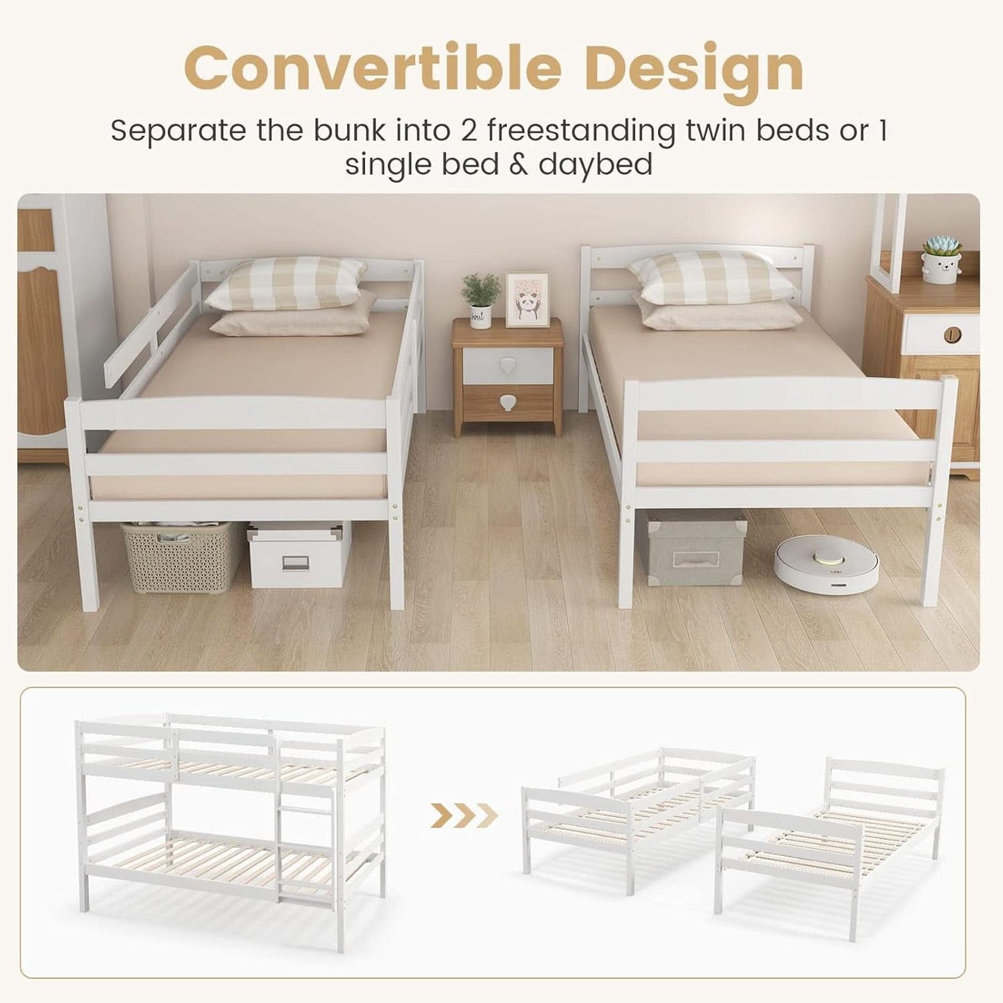 White Twin Over Twin Bunk Bed With Integrated Ladder