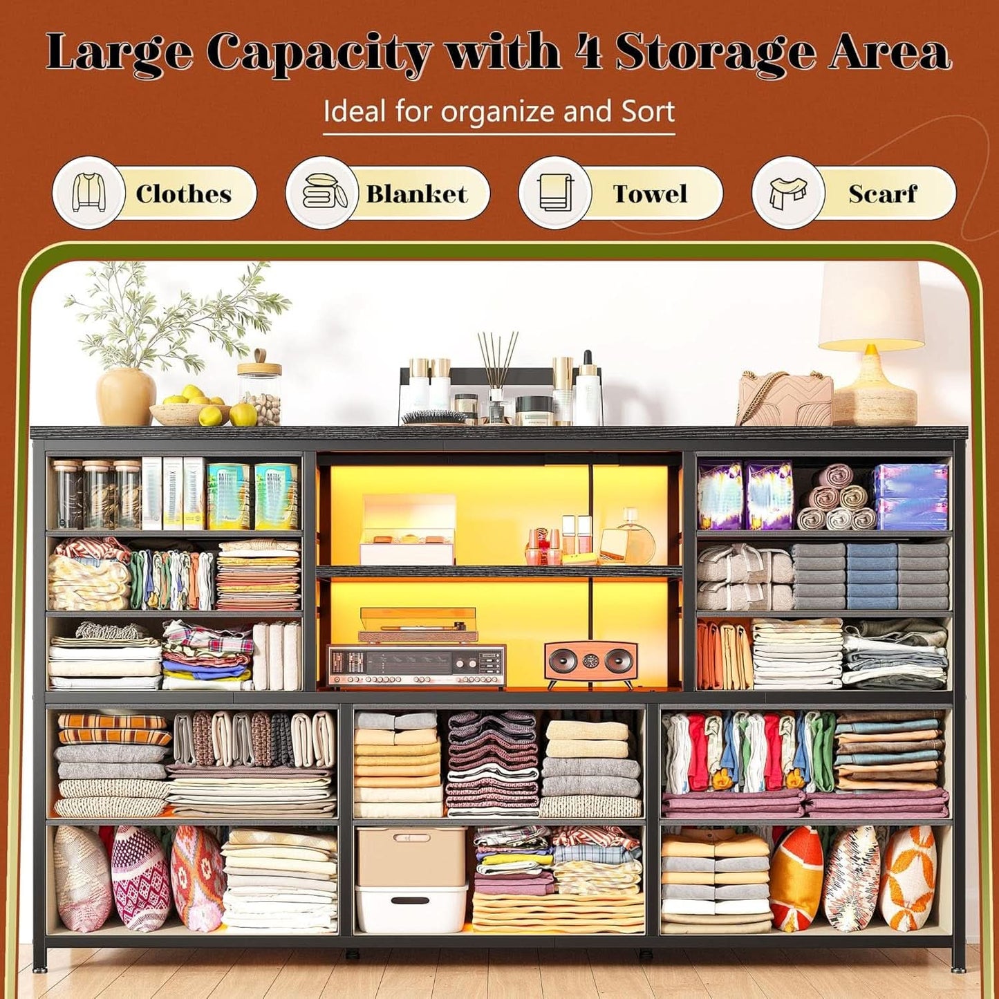 12 Drawer Long Dresser With LED Lights And Built In Power Outlet For Bedroom Storage