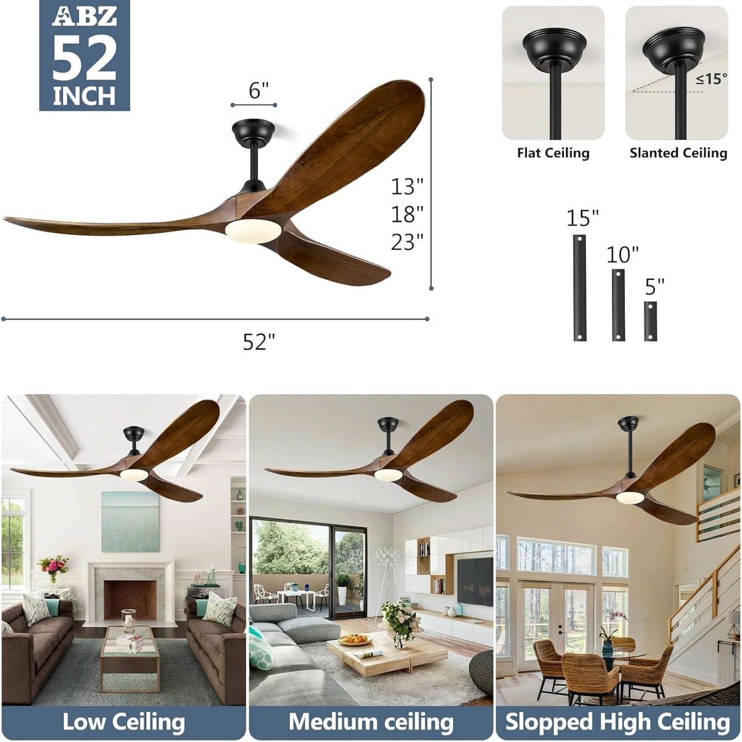 52 Inch Walnut Wood Ceiling Fan With Integrated LED Remote