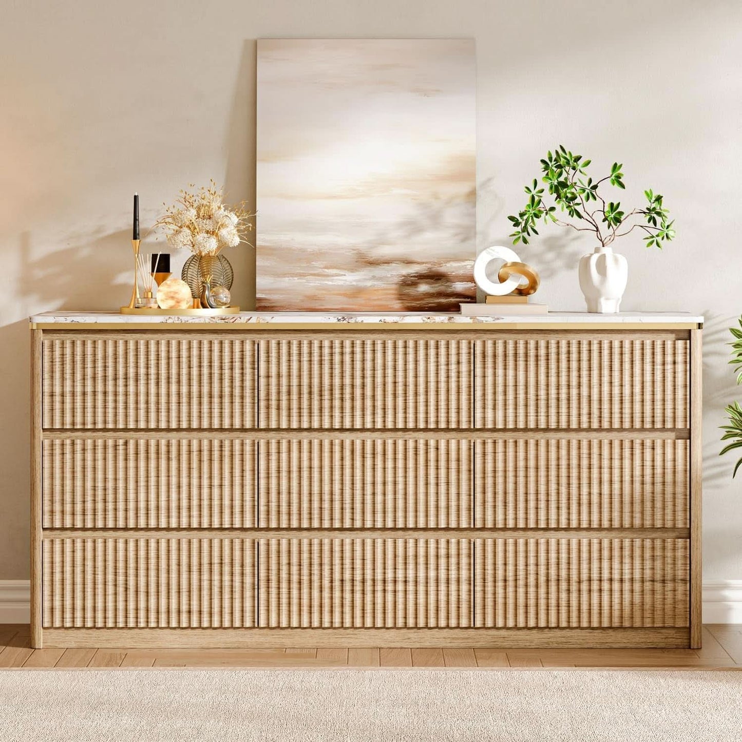 9 Drawer Dresser Chest With PolishedMarbleTabletop