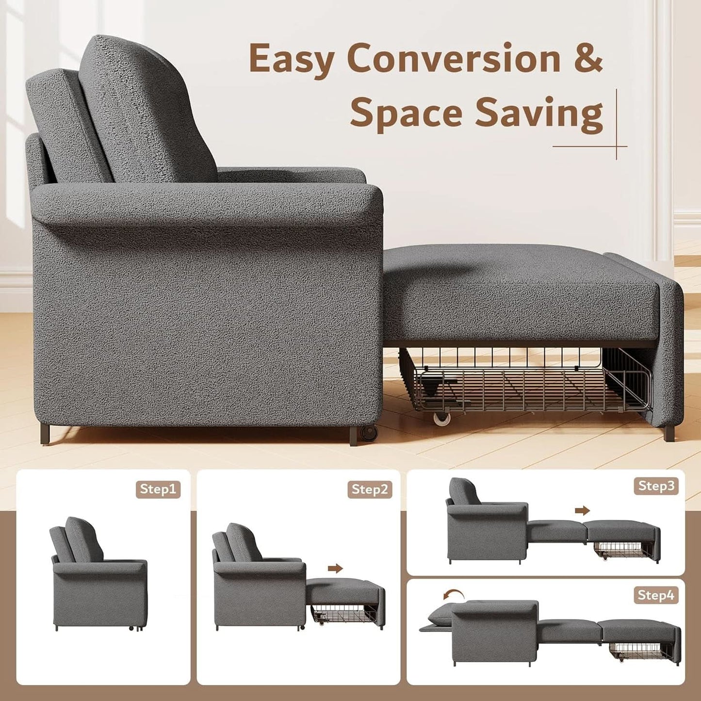 Dark Gray Lambswool Fabric Textured Sofa Bed Chair Storage