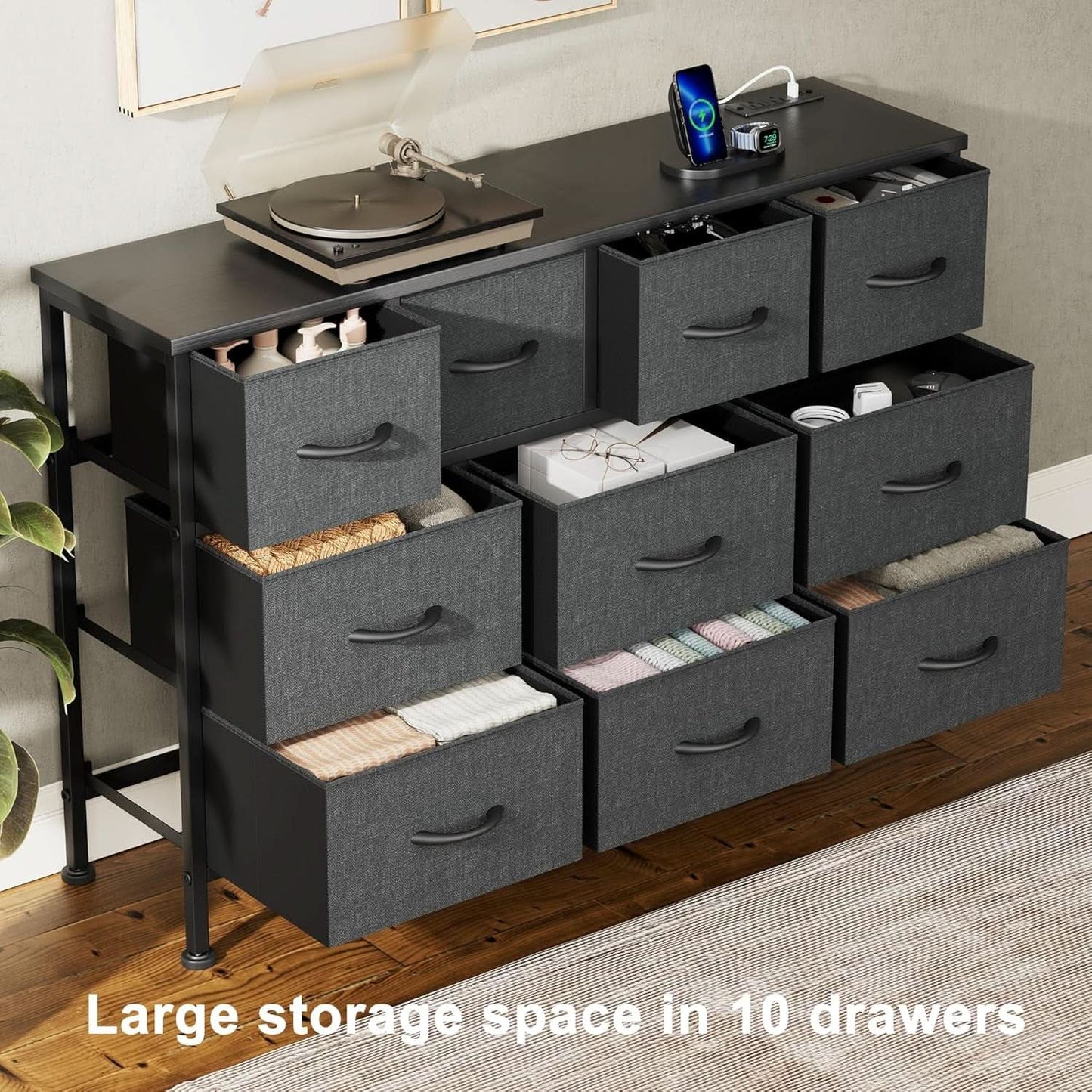 Grey 10 Drawer Dresser TV Stand With Power Outlets