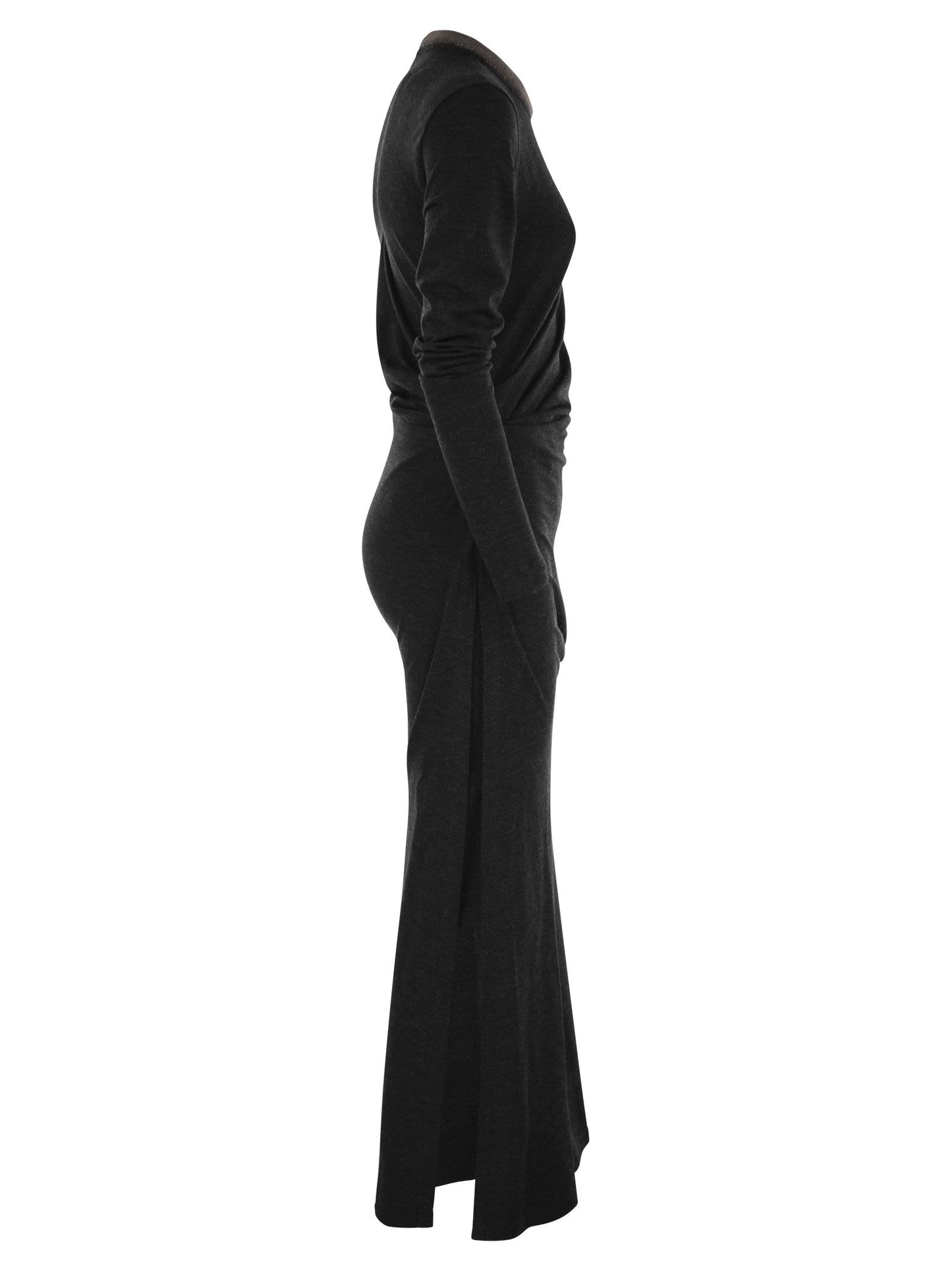 Brunello Cucinelli Women Draped Dress In Stretch Virgin Wool Jersey With Precious Collar