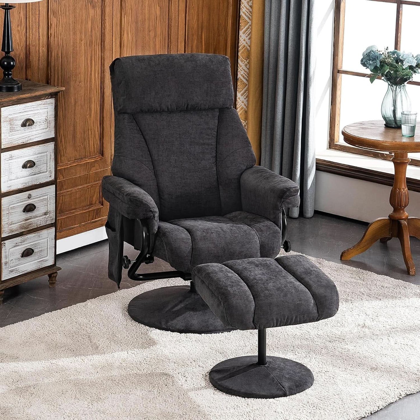 Dark Grey Swivel Recliner With Ottoman Vibration Massage