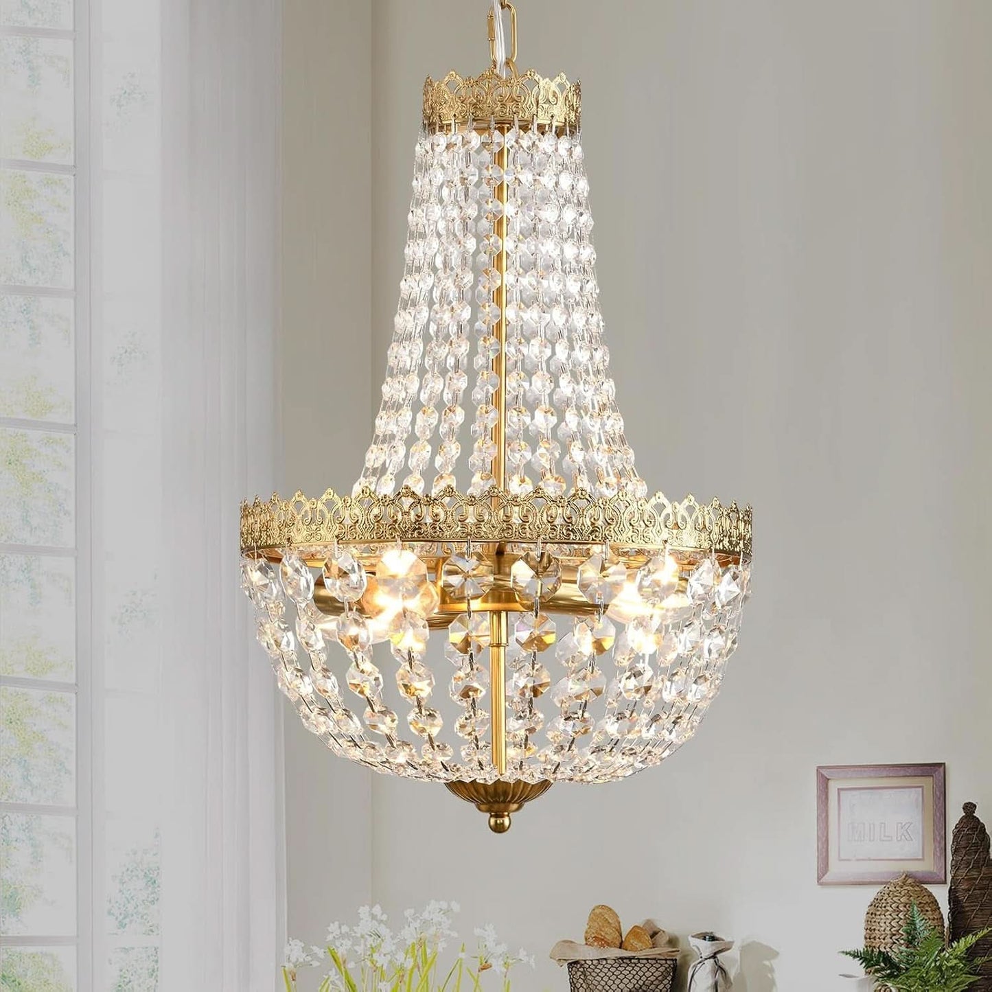 Antique Brass Crystal Chandelier Four Light Pendant