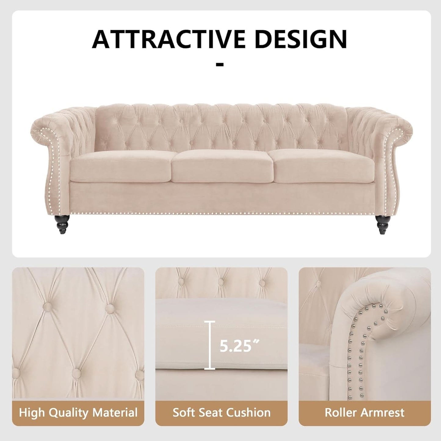 Beige Velvet 3 Piece Living Room Set With Chesterfield Sectional Sofa And Loveseat