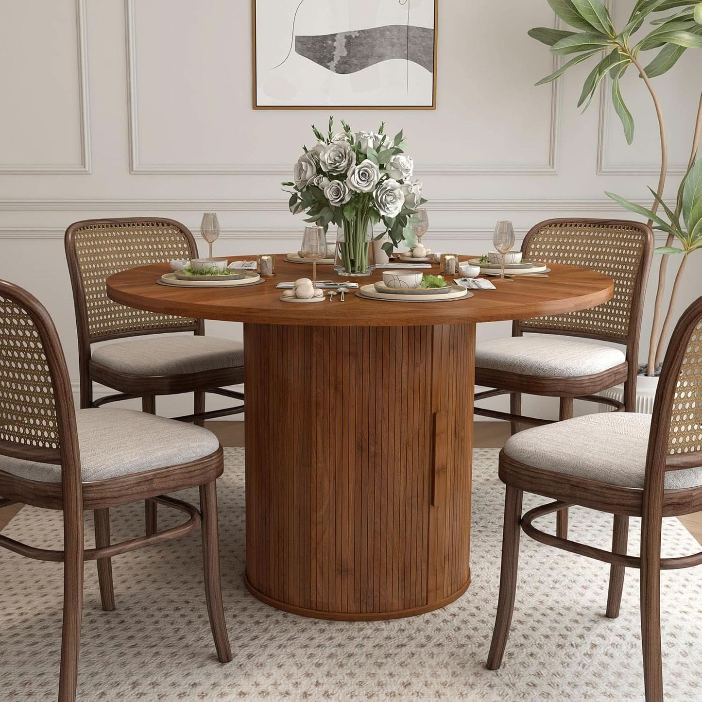 47 Inch Round Dining Table With Walnut Finish And Two Layer Storage Shelf