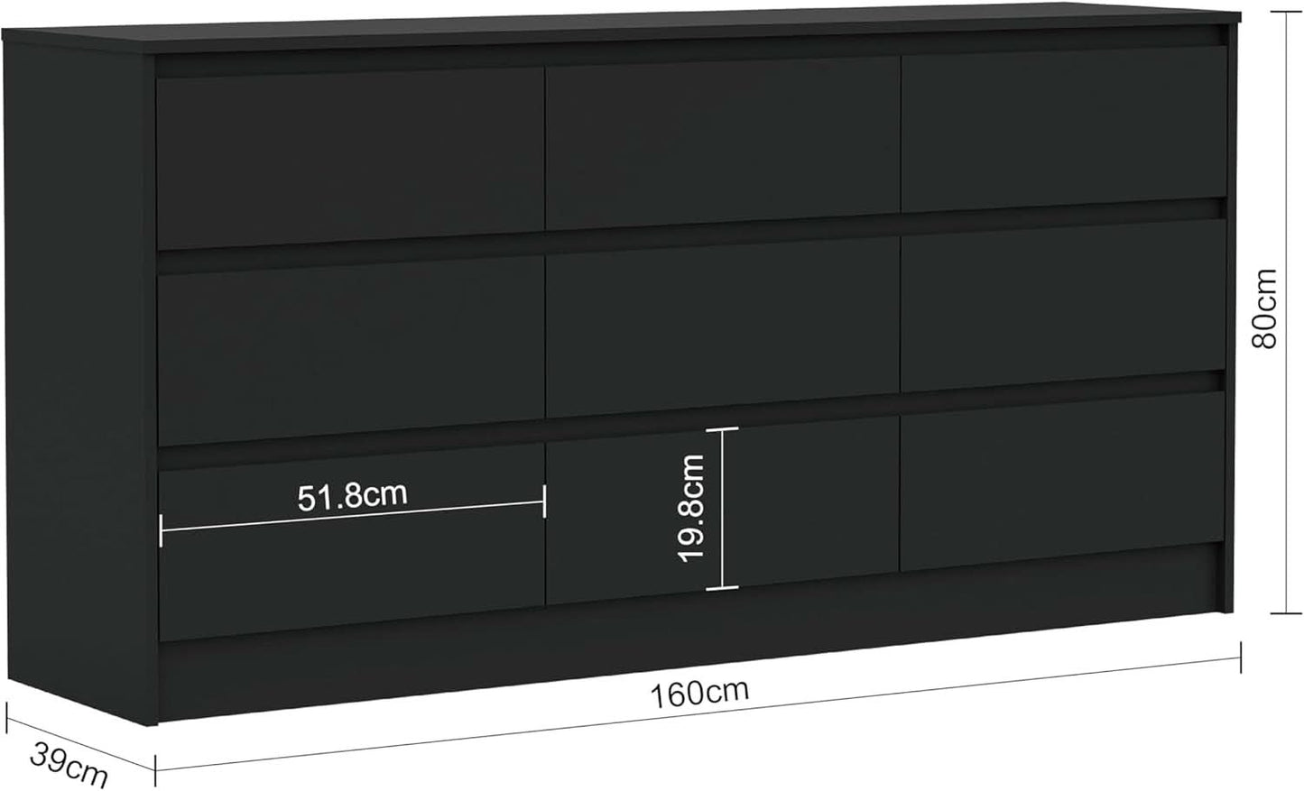 Black 9 Drawer Wood Dresser Cabinet Large For Bedroom